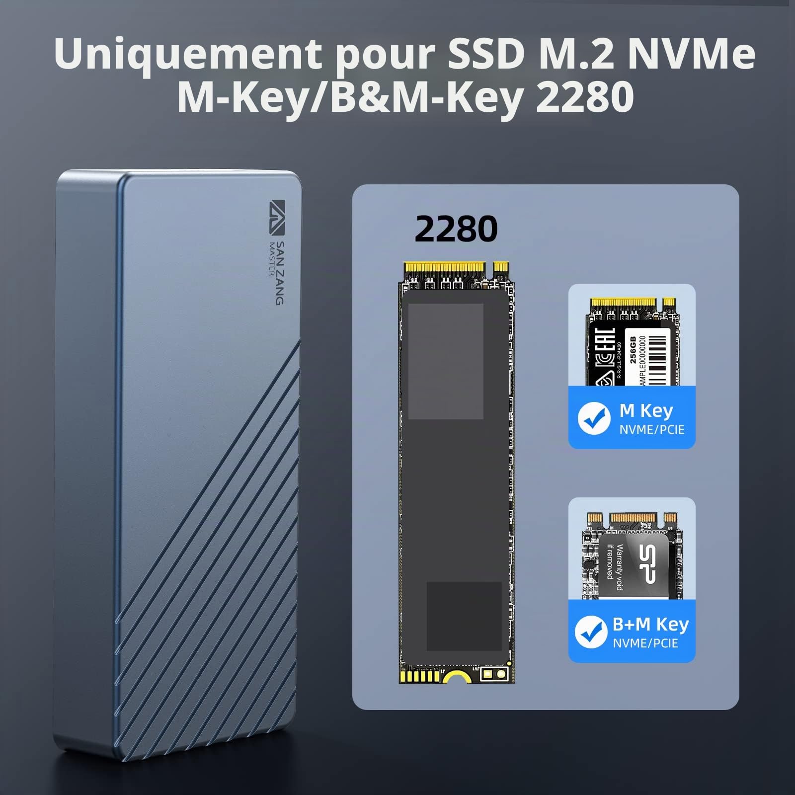 Boîtier M.2 NVMe Compatible avec Thunderbolt 3/4 USB 3.2/3.1/3.0/2.0 Type-C/A, SANZANG Adaptateur de boîtier SSD M.2 40 Gbps pour 2280 M-Key (B+M Key) NVMe SSD, jusqu'à 2700 Mo/s, Gris