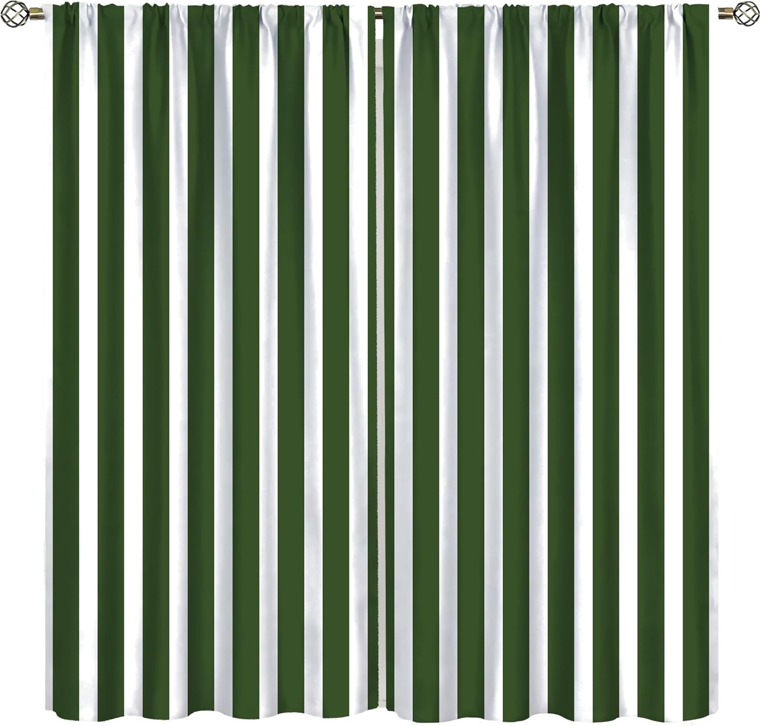 Green Striped Blackout Curtains,Green and White Striped Modern Fashion White Design Fabric Window Treatments Rod Pocket Drapes for Living Room Bedroom Kitchen 42x45in
