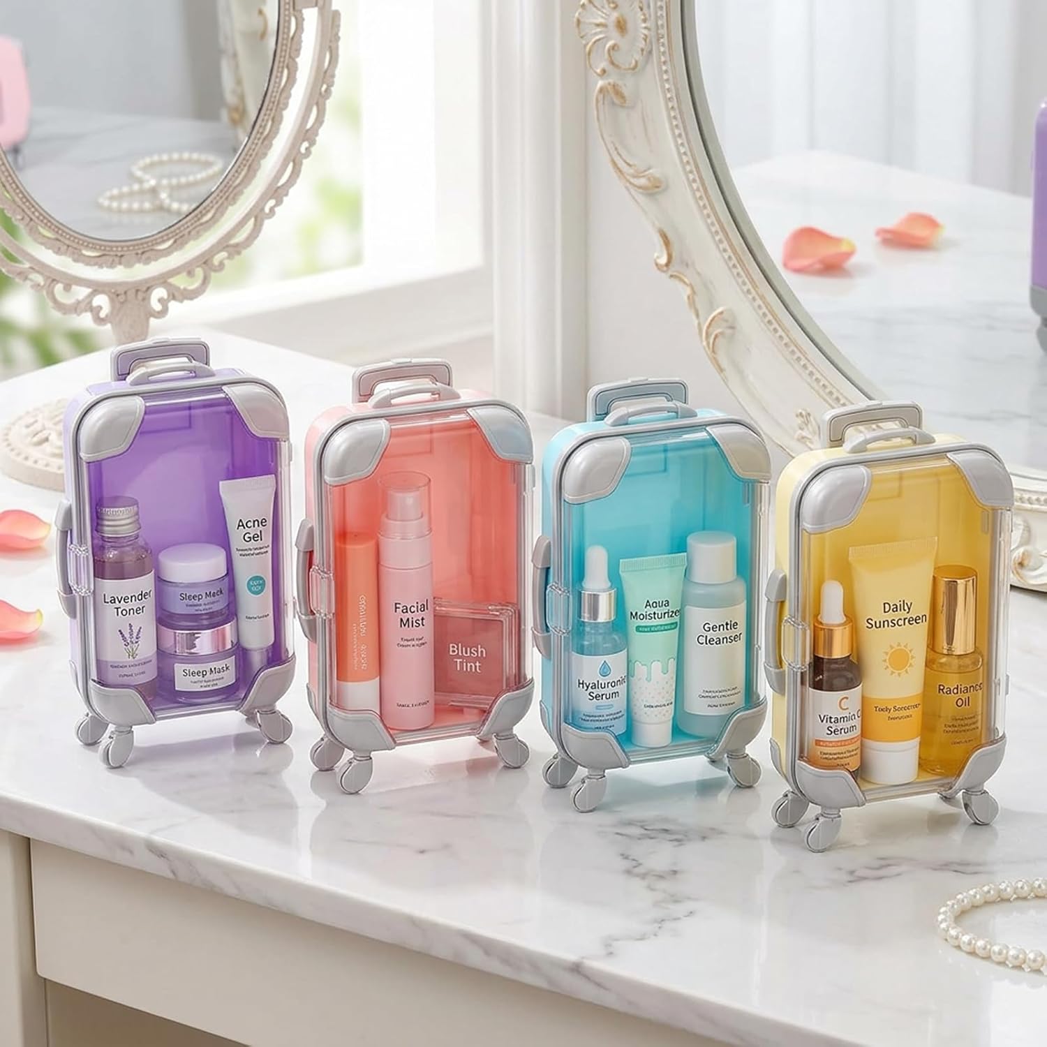 4 Pack Mini Suitcase Party Favor Boxes, Plastic Candy Storage Case with Wheels & Handle, Clear Lid for Jewelry, Cosmetics, Travel Theme Party Supplies(Pink Purple Blue Yellow)