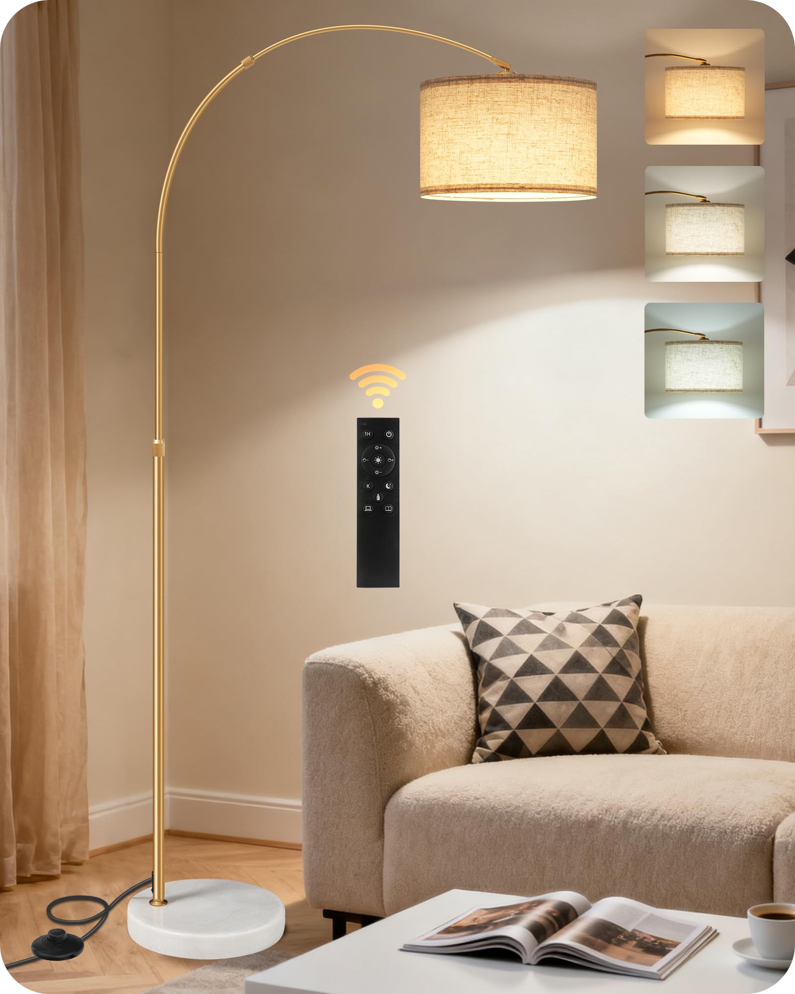 GOEBLESON Arc Floor Lamp with LED Bulb & Remote Control & Foot Switch, Stepless Dimmable, Colour Temperature, Arched Corner Lamp, Rotating Lamp Head, Height Adjustable, Gold ZDE15LDK05