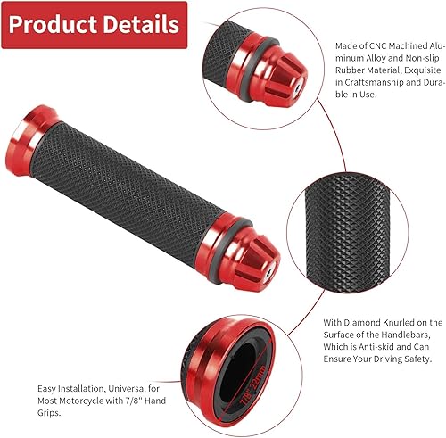Miniatura 6 de Agarraderas universales para manillar de motocicleta CNC de goma de aluminio para manillar de bicicleta de 78 pulgadas (rojo)