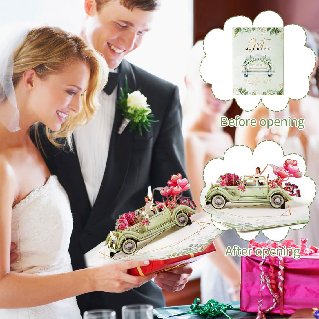 Biglietto Pop-Up 3D Auto Just Married per Matrimonio, Elegante Regalo Denaro per Nozze