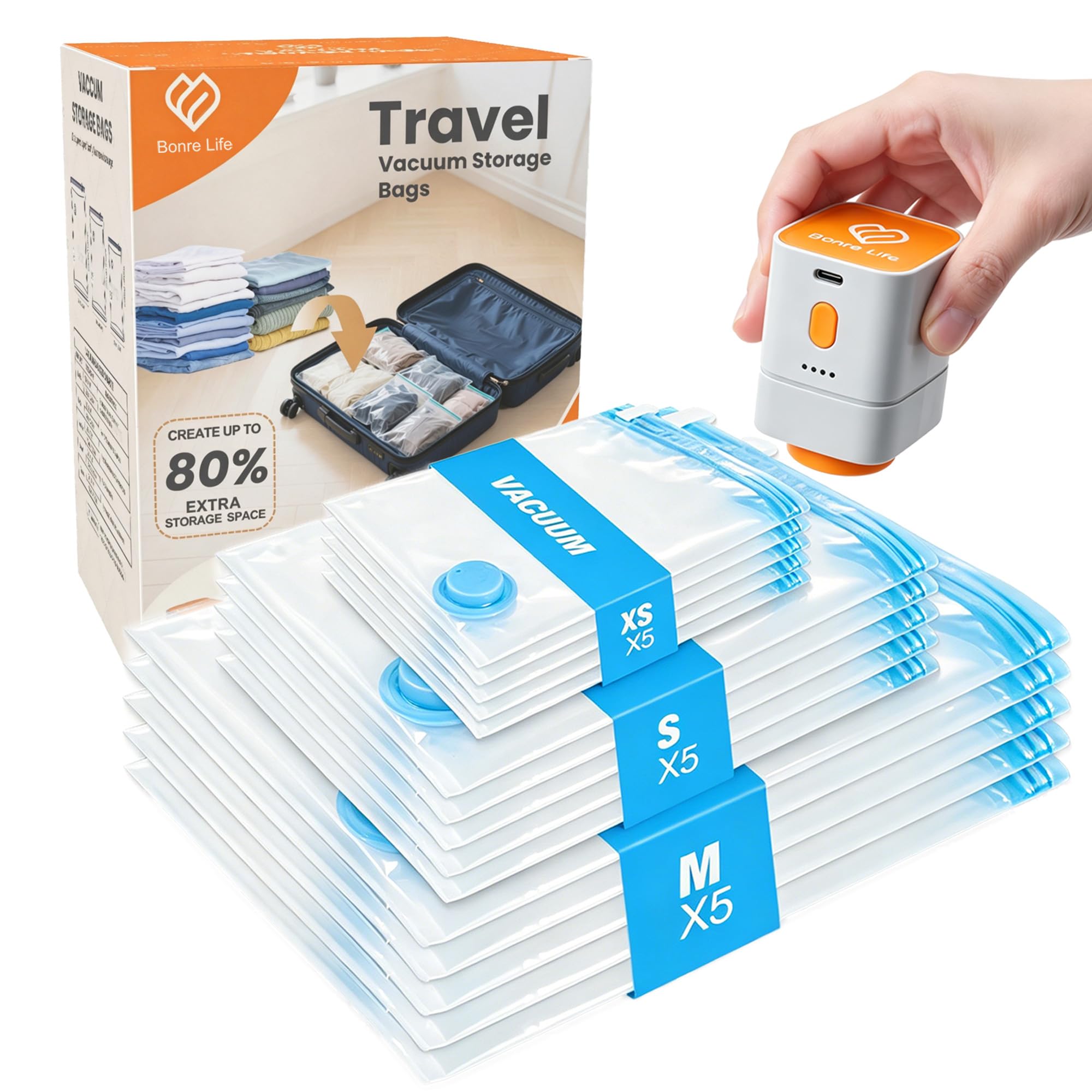 Travel Vacuum Storage Bags with Compact Cordless Pump, 15-Pack Space Saver Vacuum Seal Bags for Clothing & Luggage, Reusable Compression Bags in 3 Carry-On Sizes