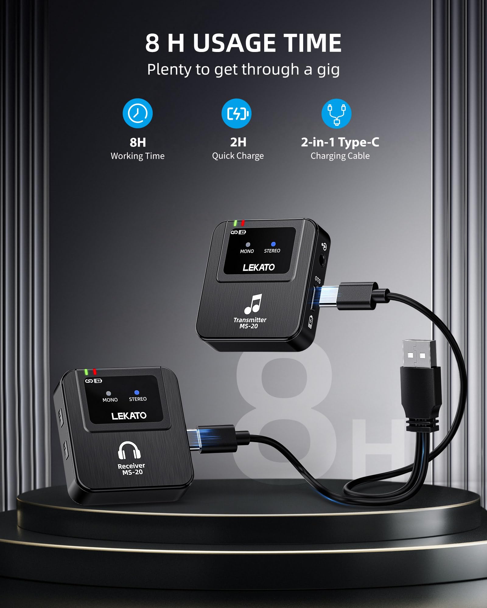 LEKATO Sistema di monitoraggio in-ear wireless, Sistema IEM stereo wireless professionale 2.4G con trasmettitore e ricevitore, OTG, adatto per prove di band, spettacoli dal vivo (1TX+1RX)
