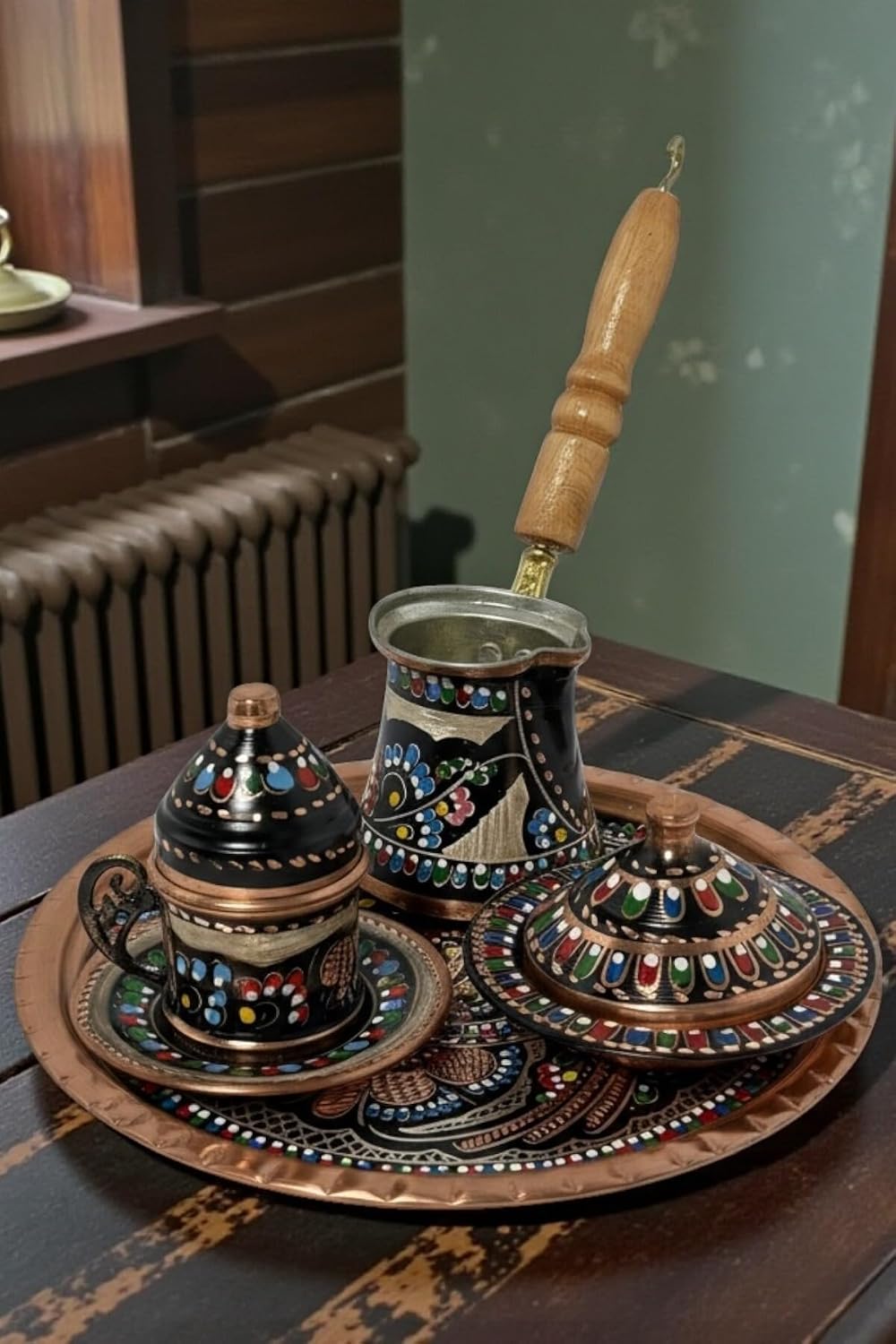 SODEF Copper Coffee Cup Set Personalized Erzincan Enamel Coated Single Serving Tray, Coffee Pot, Candy Dish, Multicolor, One Size - Multicolor