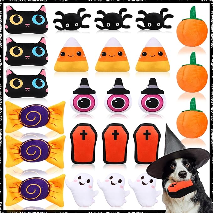 24 Piezas Halloween Perro Chirriantes Lote Murciélago Araña Peluche miniatura 7