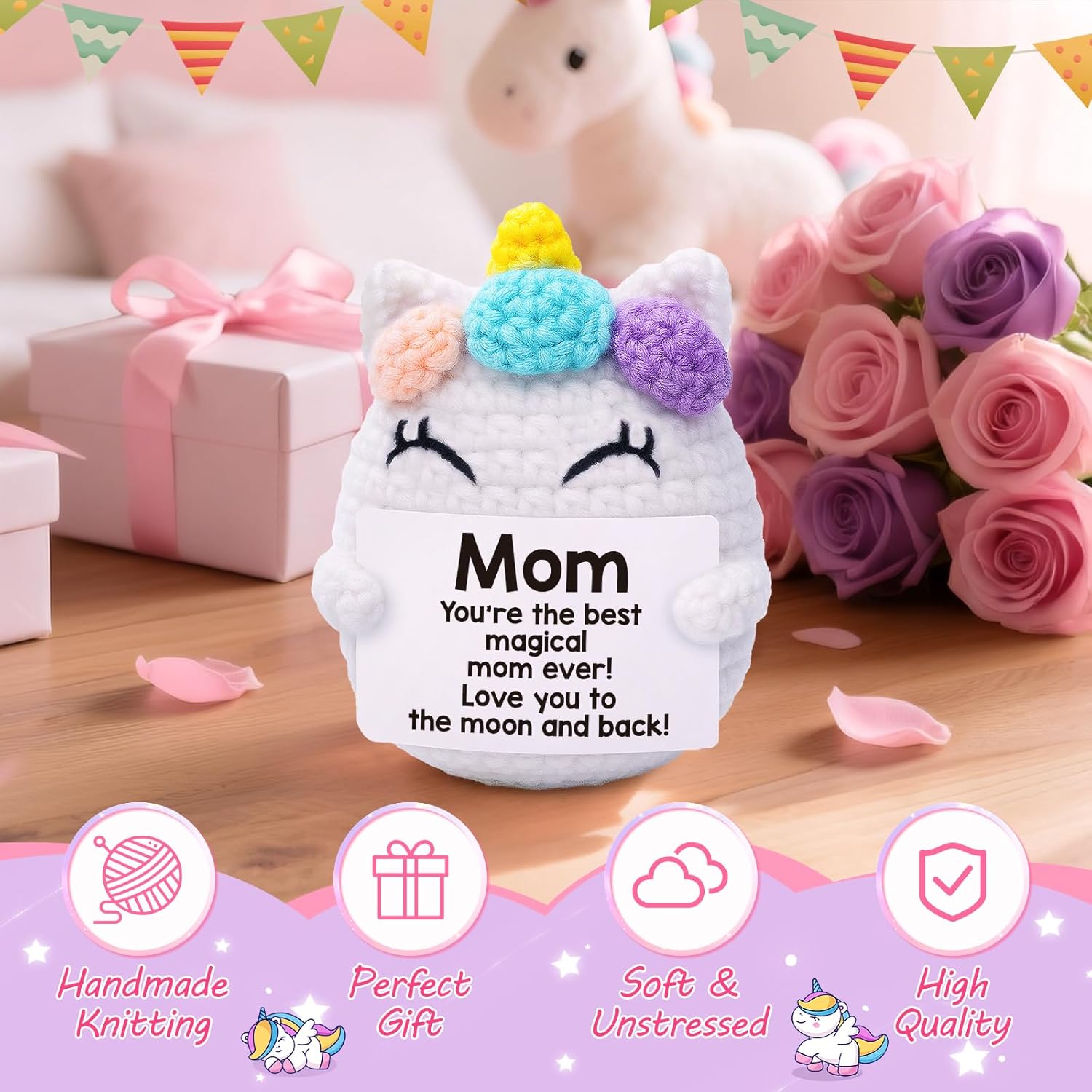 Mothers Day Mom Gifts from Daughter Son, First Mother's Day Birthday Gifts for New Moms Mother Bonusmom Stepmom Best Mom Ever Gift for Mama Mommy Mother In Law, Handmade Crochet Unicorn Mom's Gift