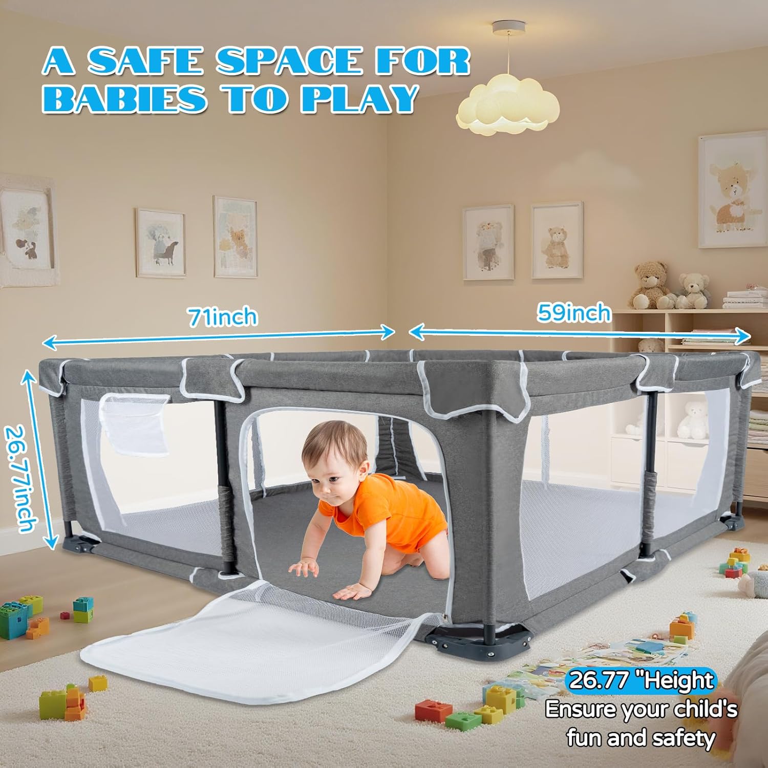 Foldable Baby Playpen,PlayPens for Babies and Toddlers，Indoor Outdoor Safety Play Area, Portable Child Activity Large Collapsible Play Yard，Folding Fence (Cationic Fabric-Grey, 59"x71")