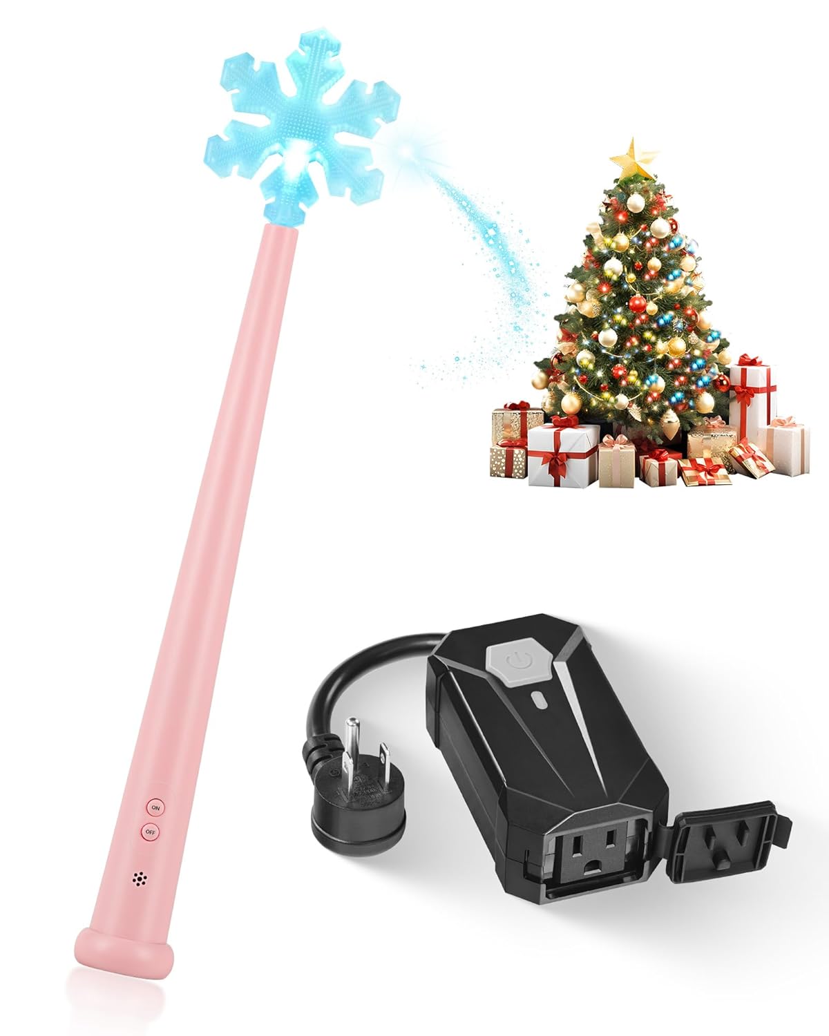 Voice Activated Remote Control Outlet for Christmas Tree Lights, Magic Christmas Light Wand with Music, Voice Control Wireless Remote Switch for Decoration Light, Ornament, Pink