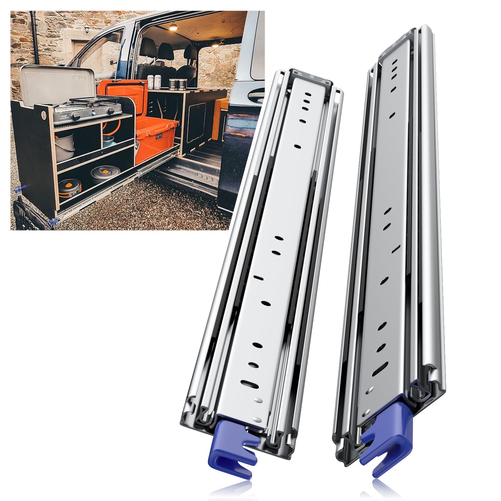 Photo 1 of 1 Pair 28 32 36 40 48 56 60 Inch 500 Lb with Lock Heavy Duty Drawer Slides Full Extension Locking Industrial Drawer Slides 3 Section Drawer Tracks and Runners Side Mount (3" Wide? 76 MM with lock 28 inch