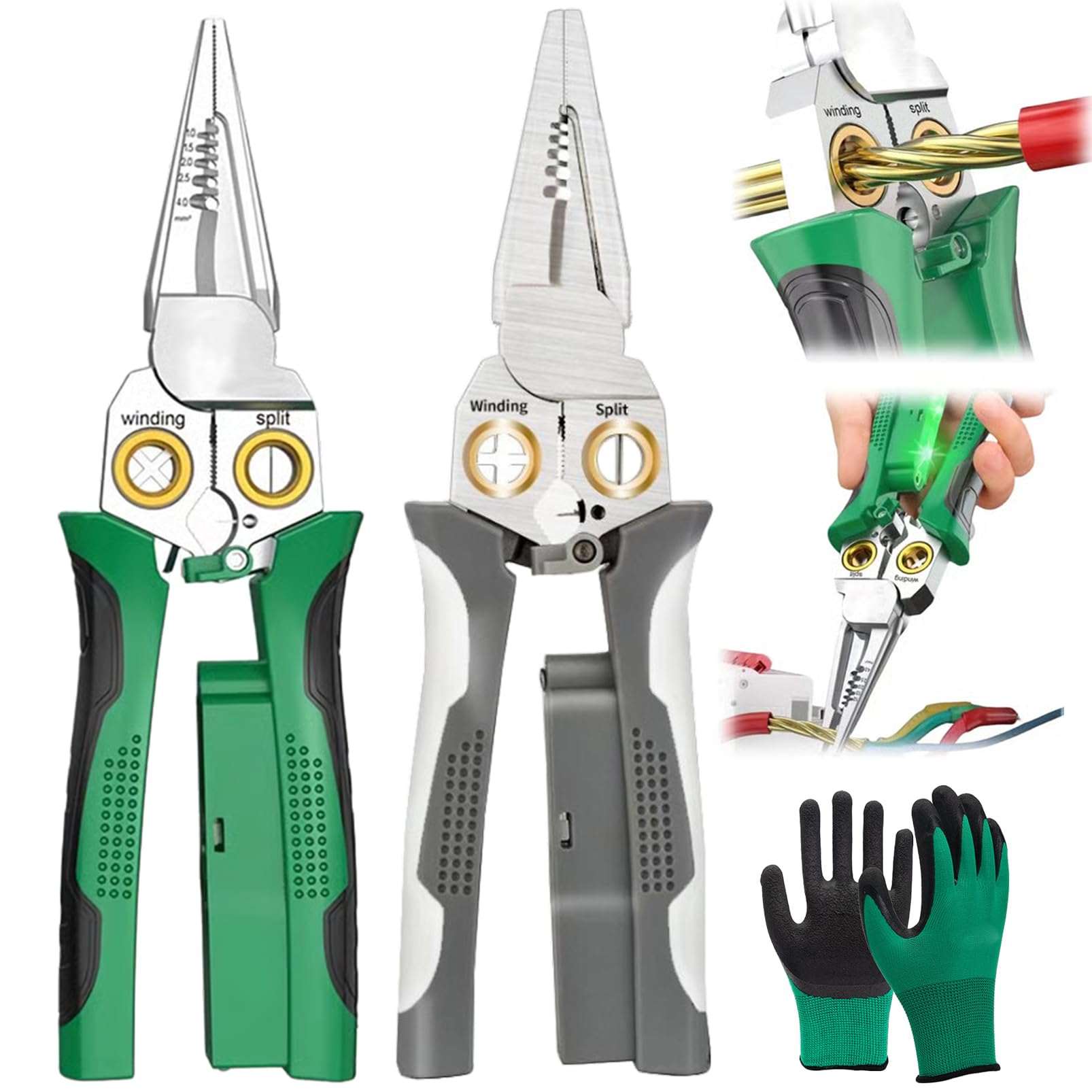Pinza spelafili 8 in 1 con misurazione dell'elettricità, spelafili 8 in 1 con tester di tensione, strumento spelafili elettrico multifunzione per tagliare e tirare pinze (verde + grigio)
