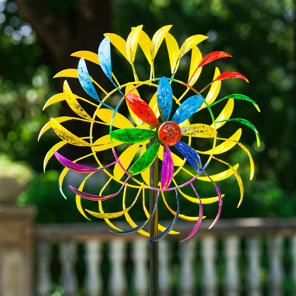 Photo 1 of SUNNYGARDEN Wind Spinners Outdoor, Colorful Changing Garden Windmill for Yard Decor 65 inch, Unique Tree Leaf Design Metal Garden Wind Spinners?Gifts for Family Friends