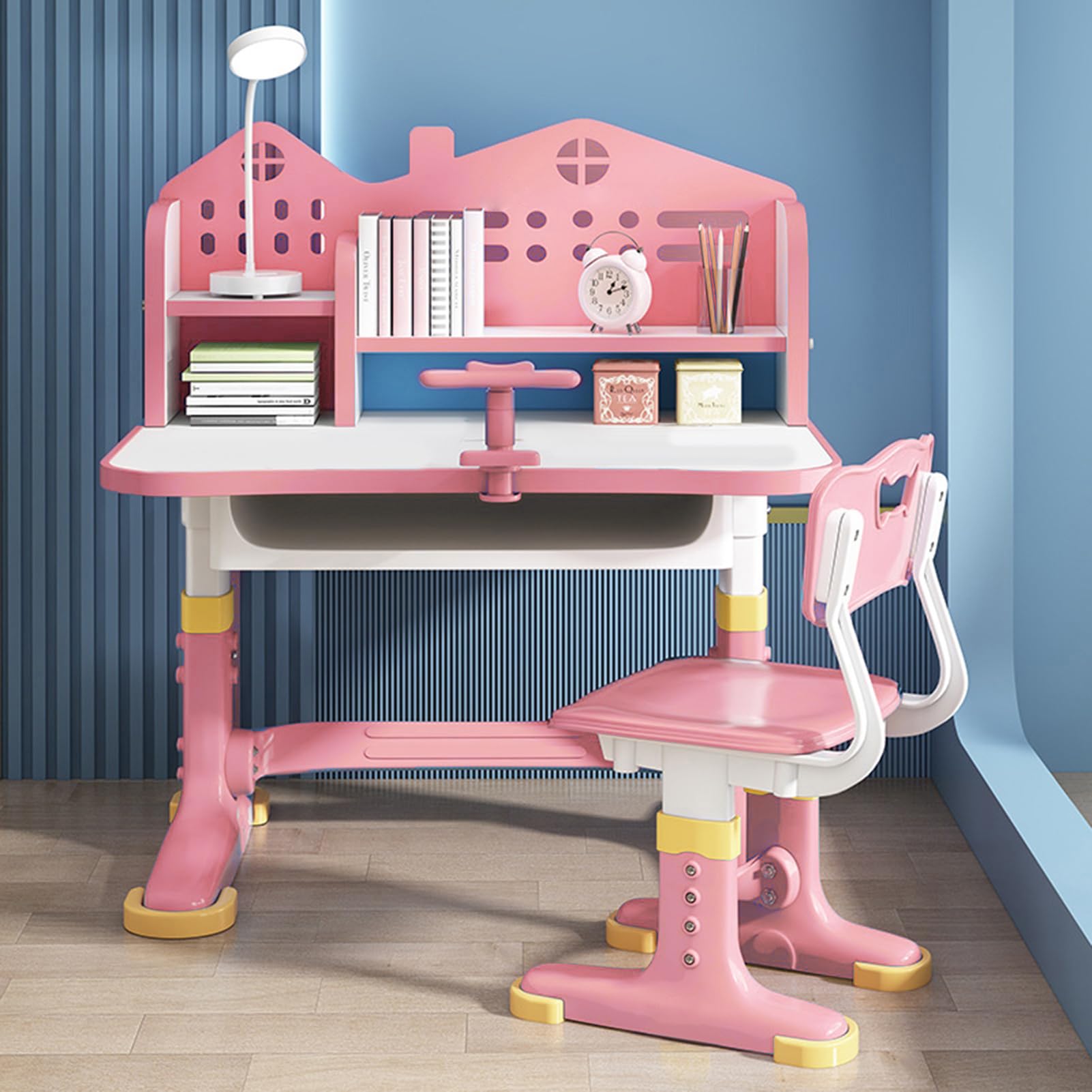 Juego de escritorio y silla para niños, juego de sillas de escritorio ampliadas, diseño dorado que evita la miopía, mesa de estudio ajustable en altura para niños, mesa y silla rosa para niños (rosa