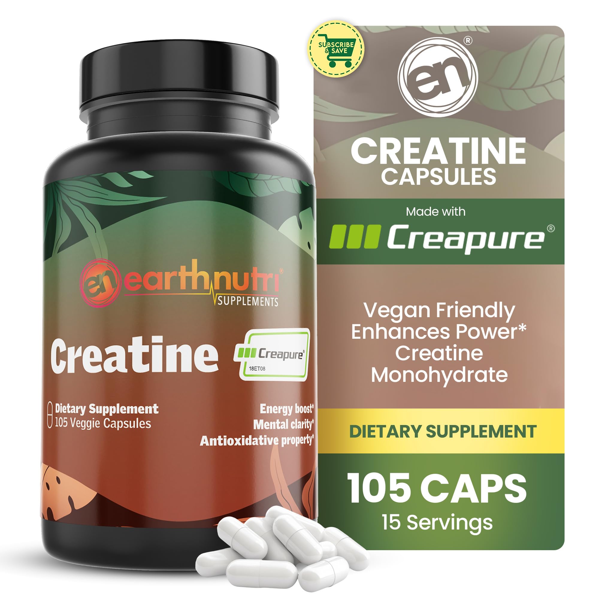 EarthNutri Suplemento de Creatina Monohidratada Micronizada 5000 mg – 105 cápsulas