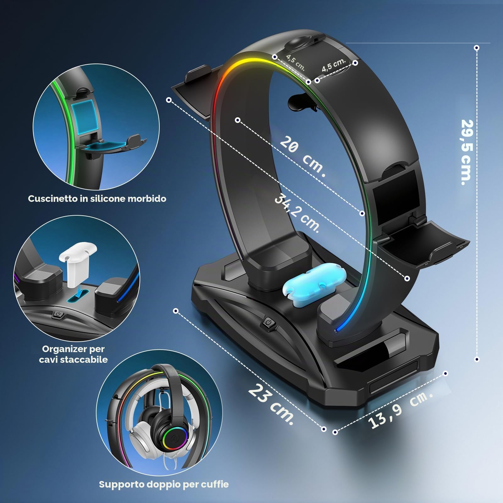 KDD Supporto Cuffie & Controller con 9 Modalità di Illuminazione - Supporto Controller Pieghevole per Scrivania - Porta Cuffie con Organizer per Cavi - Accessori da Scrivania per Giocatori