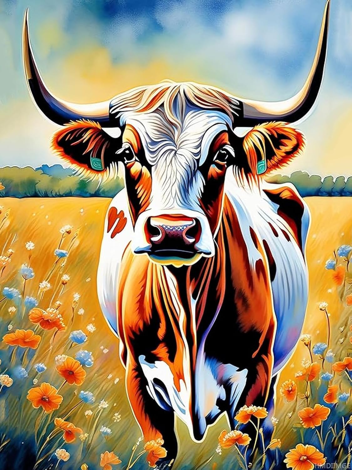 HMDIIMGE Texas Longhorn Cattle Cow Herbivore Diamond Painting Kits for Adult, DIY 5D Diamond Art Kits, Full Drill Round Crystal Diamond Dots Art Crafts Winter Holiday for Home Wall Decor 12x16 inch