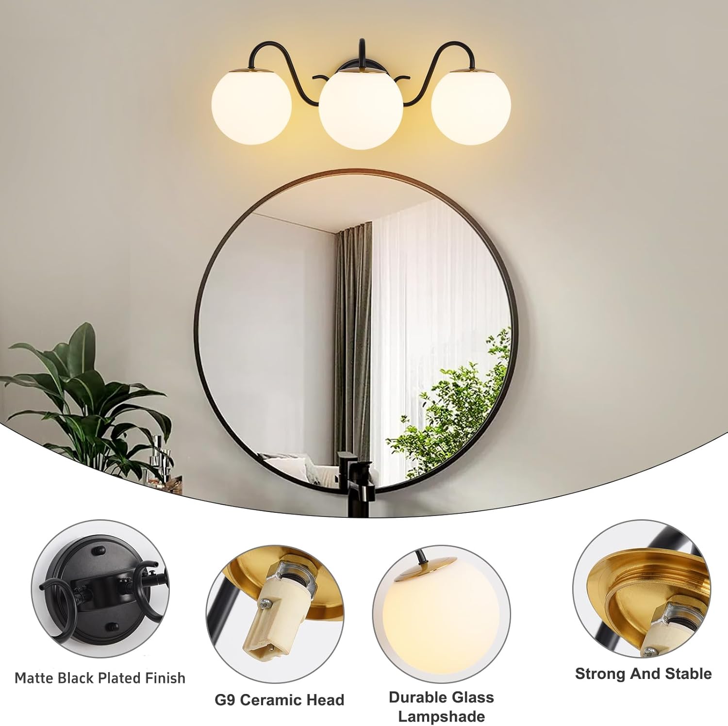 3 Lights Vintage Bathroom Vanity Light Fixtures Over Mirror, Matte Black Vanity Lights For Bathroom With Milk White Glass Globe Shade, Wall Lights For Bedroom, Hallway, Dressing Table(Includ G9 Bulbs)