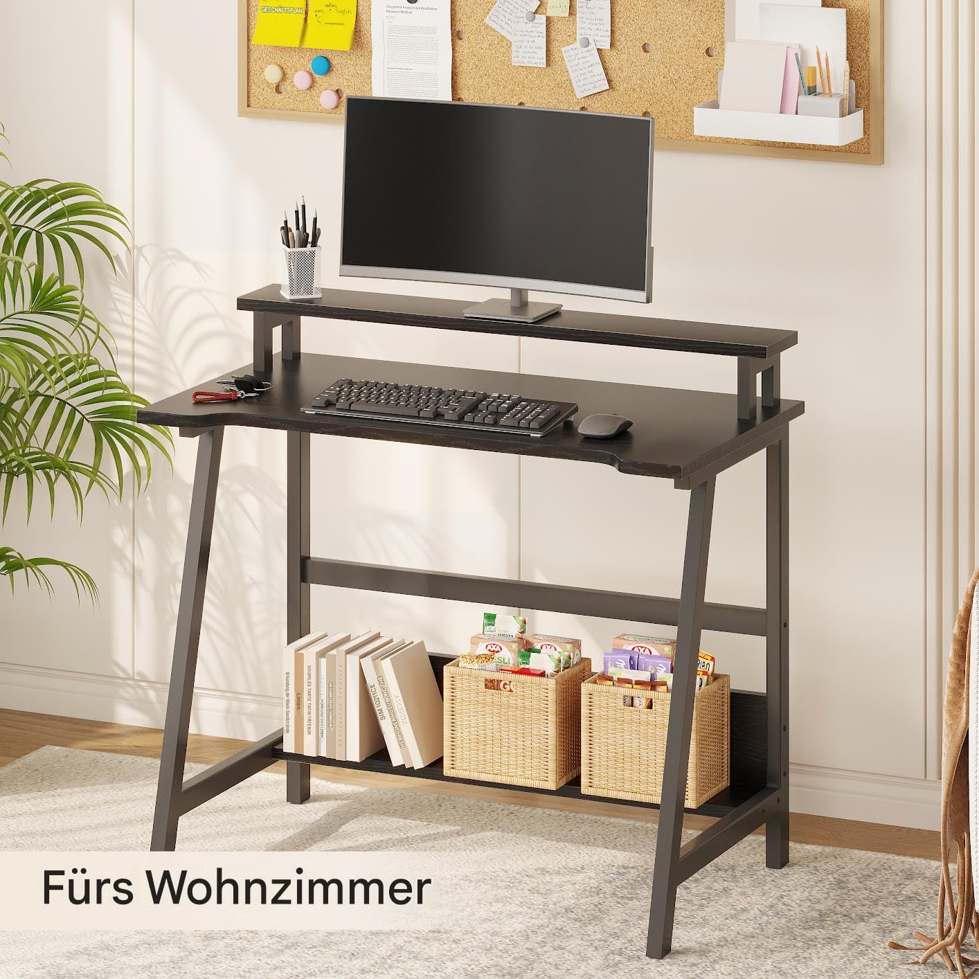 MIN WIN Schreibtisch mit Monitorständer, Kleiner Computertisch mit Stauraum, Bürotisch für Home Office, kleine Räume, Schlafzimmerb, 80 x 50 x 86.5 cm