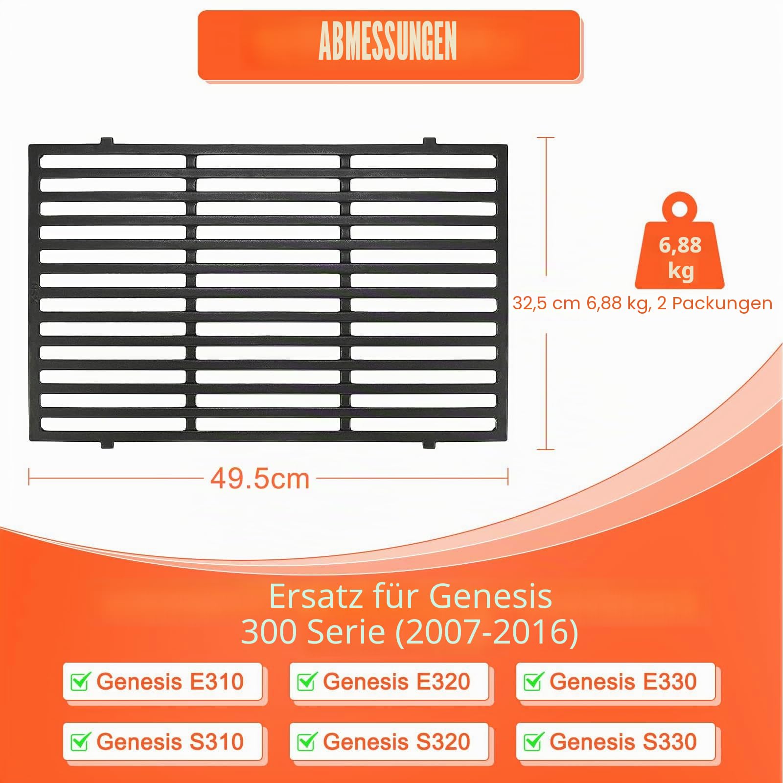 GFTIME 49,5 x 32,5cm 7524 Grillrost Gusseisen für Weber Genesis E-310/320/330, S-310/320/330, EP-310/320/330, CEP-310/320/330 (2007-2016), Grillrost für Enders Monroe 3 Gasgrill, 7528, 2 Stücke