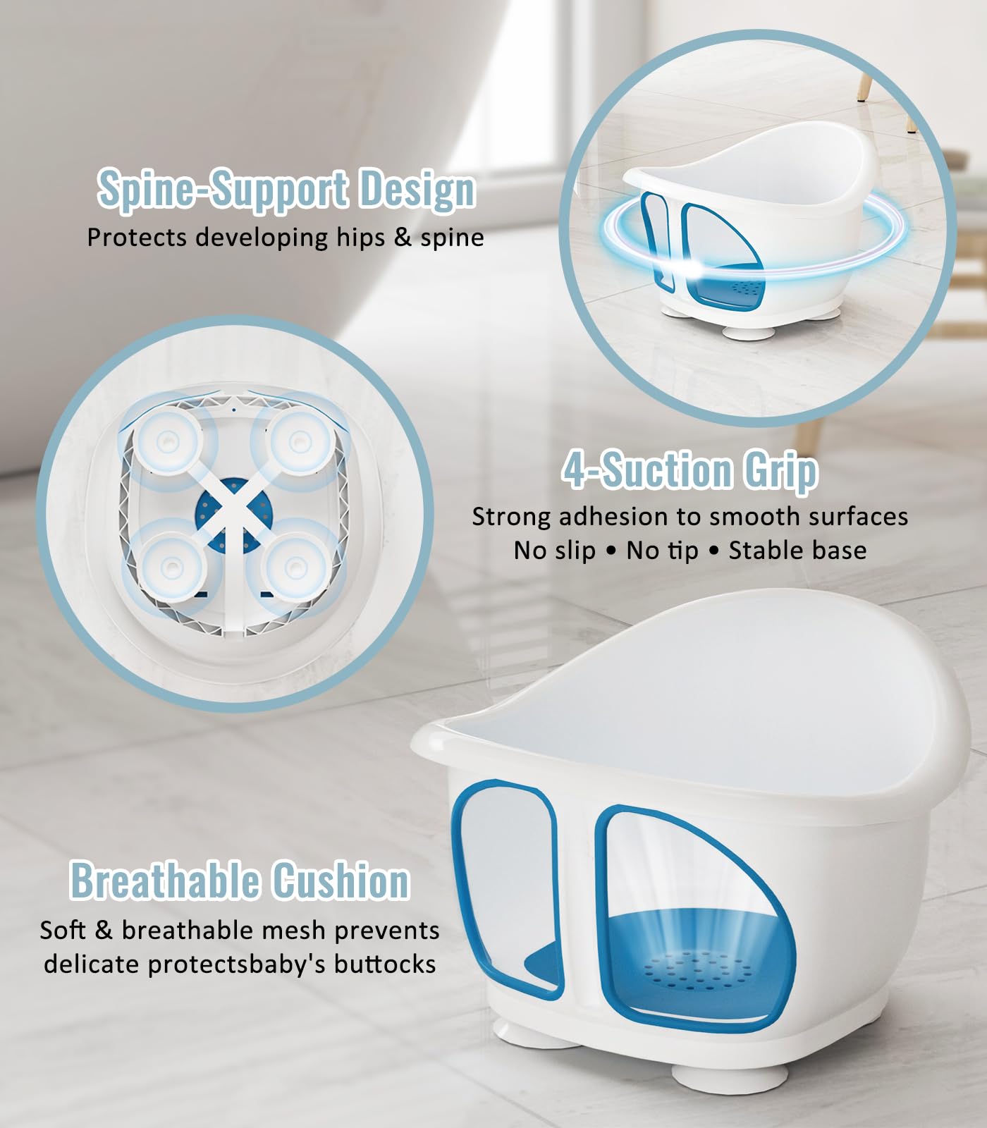 GiggleGlow Baby Bath Seat for Babies 6-12 Months, Bath Tub for Baby with Non-Slip Suction Cups, Infant Bath Chair for Newborn, Quick-Dry Mesh (Blue & White)