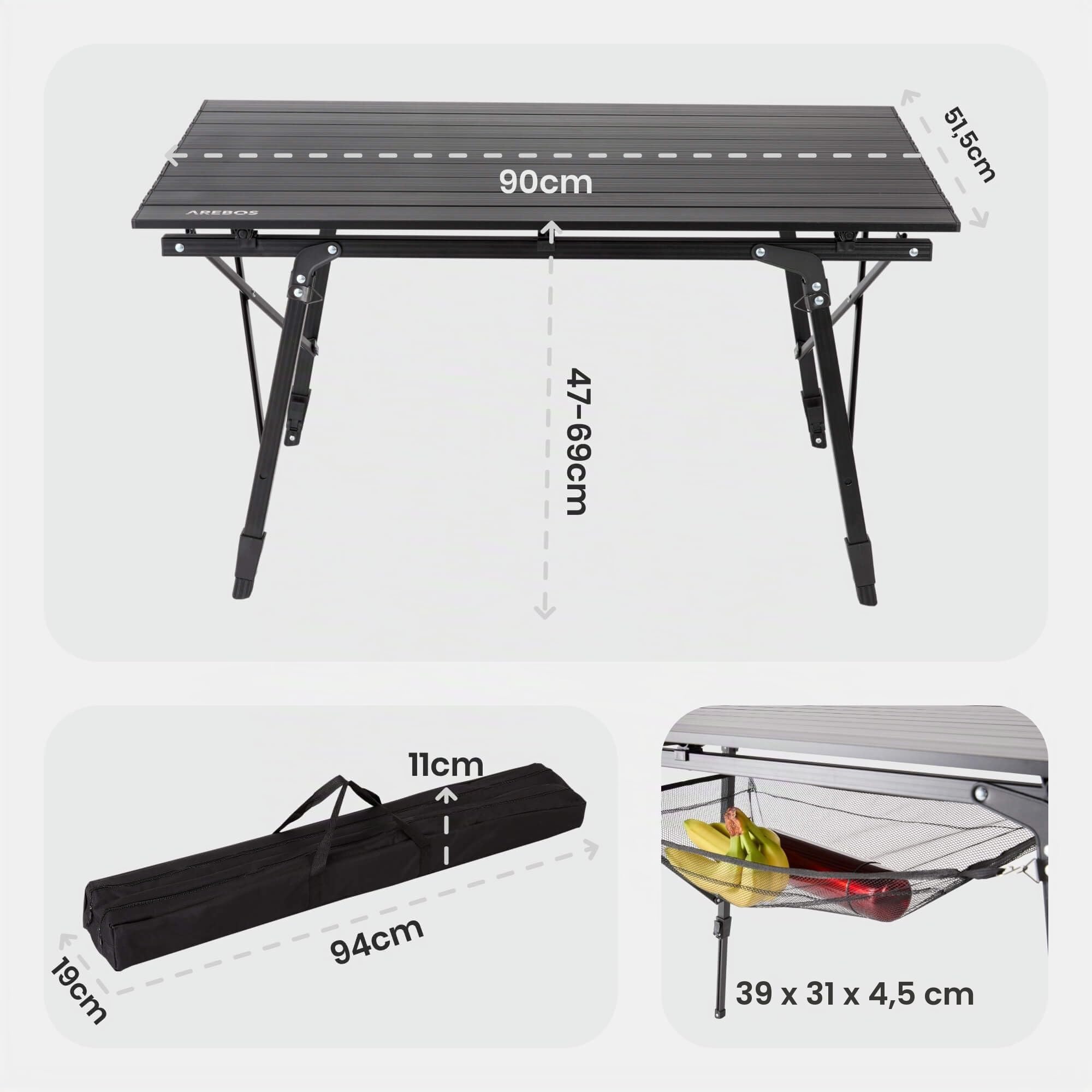 AREBOS Table de Camping Pliante réglable en Hauteur 47-69 cm avec Sac de Transport | pour Jardin, Barbecue, Pique-Nique, Balcon, Voyage | Noir