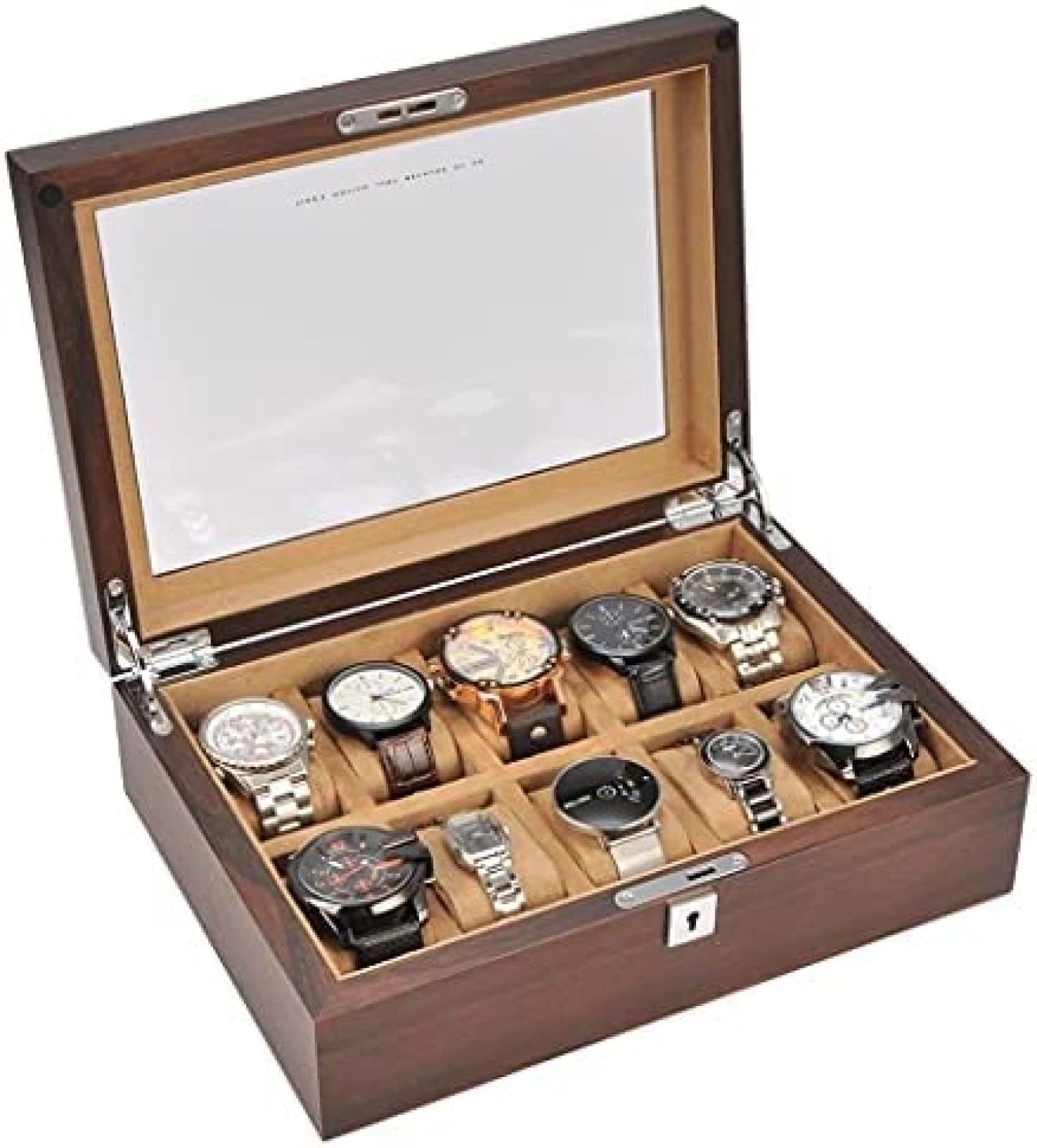 YNBSHGAA 10-Slot Wooden Watch Storage Box Glass Lid with Lock Watch Box Large Capacity Mechanical Watch Storage Box Birthday Gift for Friends,Brown,30.4×22×10cm,Beige-30.4×22×10cm
