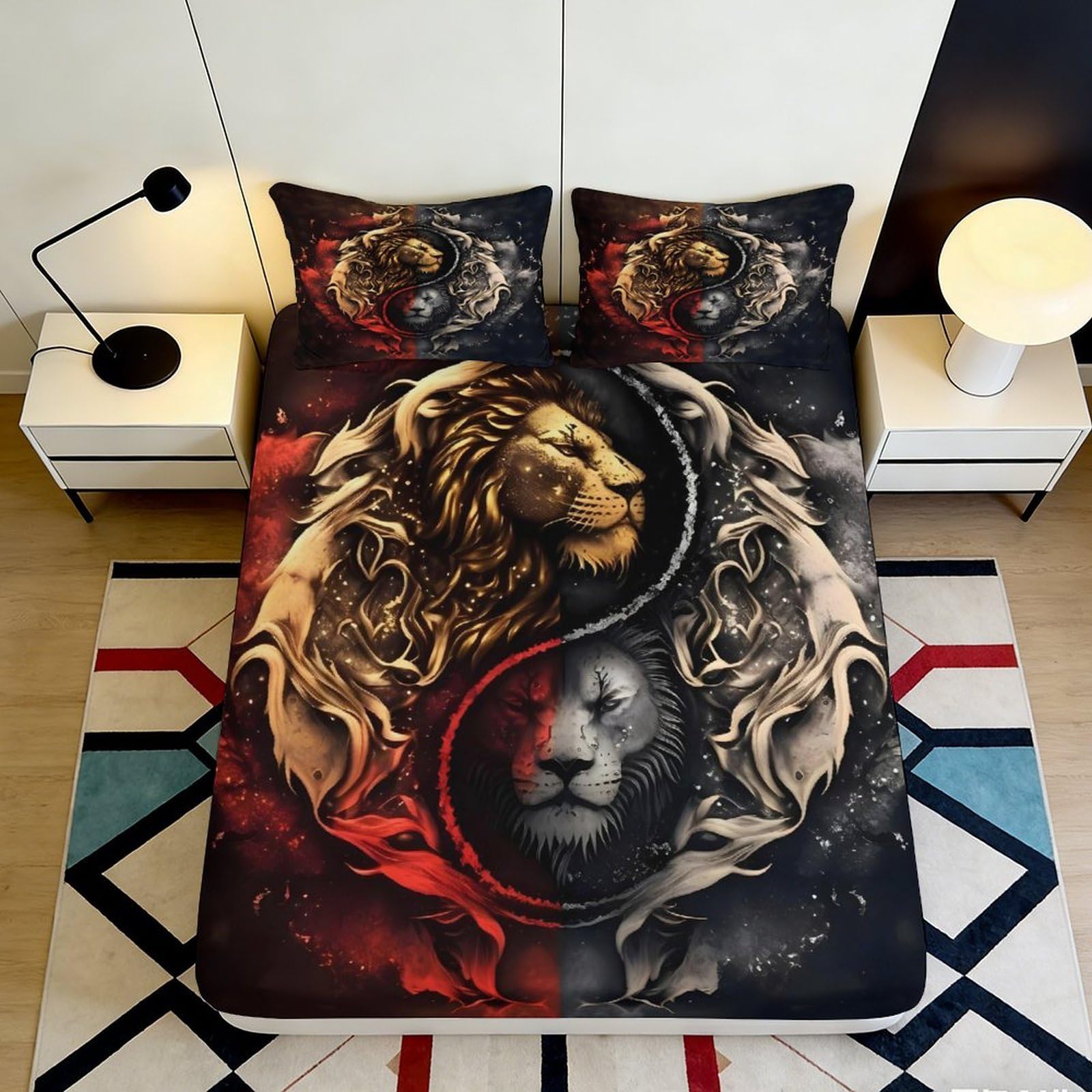 3D Printed Yin Yang Lion Fitted Sheet Microfiber with Red Black Design Bed Cover for Bedroom Dormitory Guest Room Mattress Protection 140x200x25cm