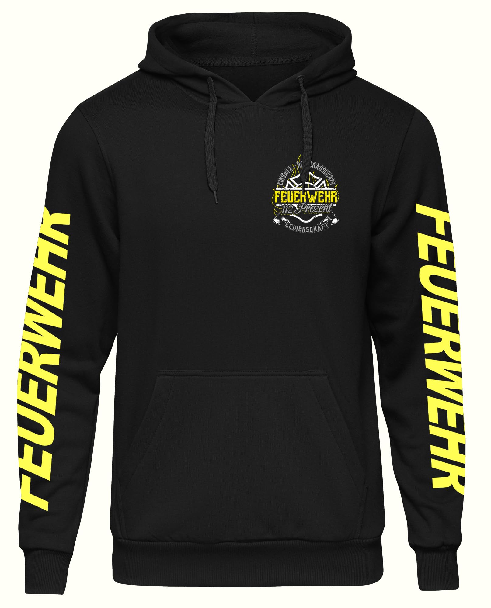 UGLYSHIRT Feuerwehr Herren Kapuzenpullover | Feuerwehr Geschenke FFW Pullover Feuerwehrmann Held Hero 112 Freiwillige Feuerwehr Hoodie | M30 Ärmeldruck Schwarz