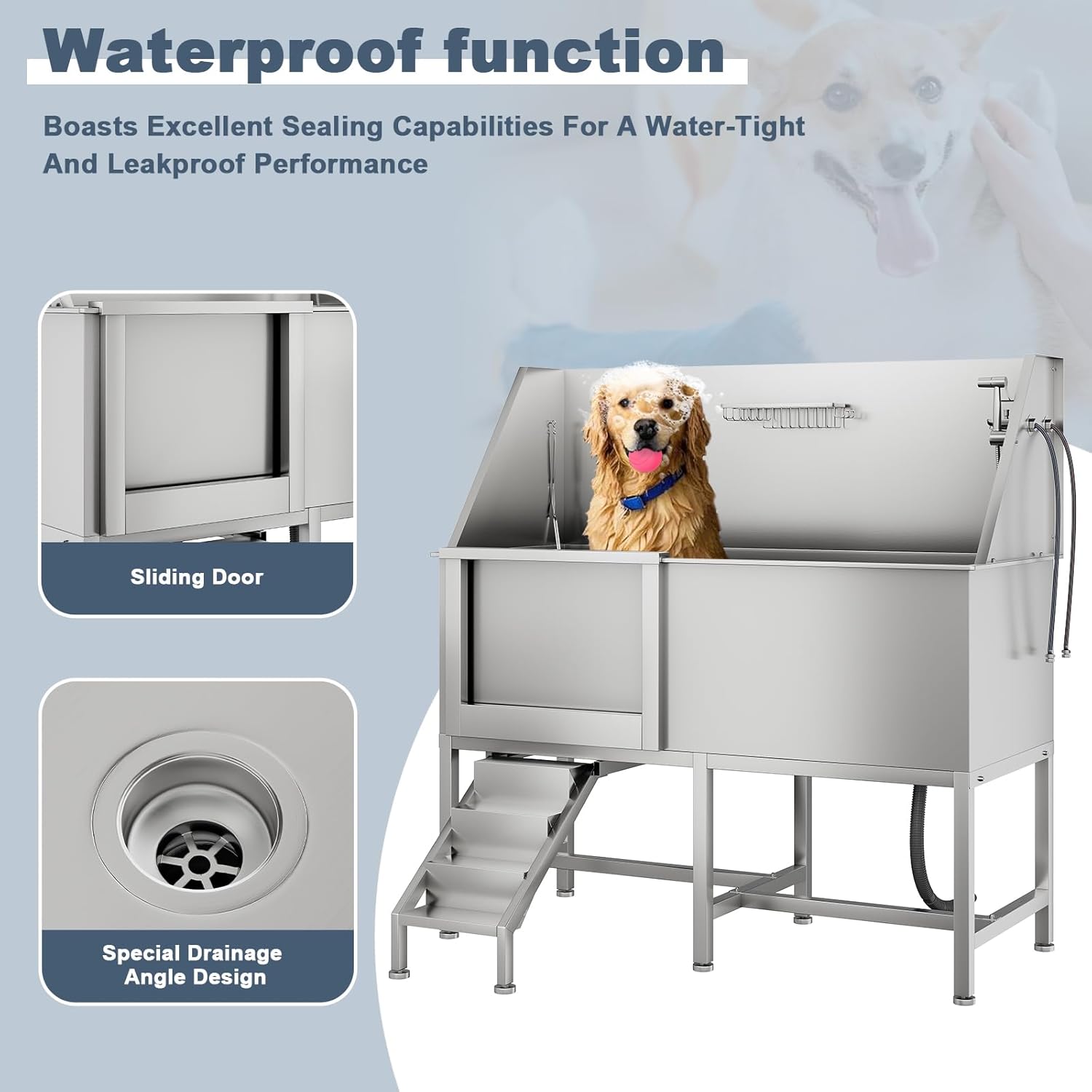 62" Professional Stainless Steel Dog Bathing Station, Large Dog Washing Station W/Dog Bath Brush, Washing Gloves, Floor Grate, Dog and Cat Bath Tub, Dog Washing Sink (62 Inch Left Door)