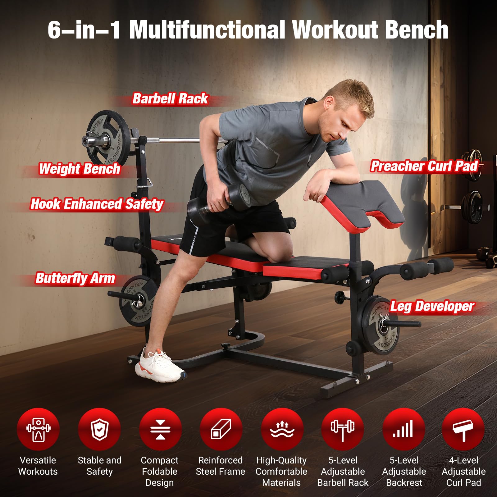 6-in-1 Foldable Weight Bench Set, 1695LBS Adjustable Workout Bench/Barbell Rack/Curl Pad, Bench Press, Leg Extension and Curl machine, Workout Fitness Equipment w/Squat Rack for Home Gym