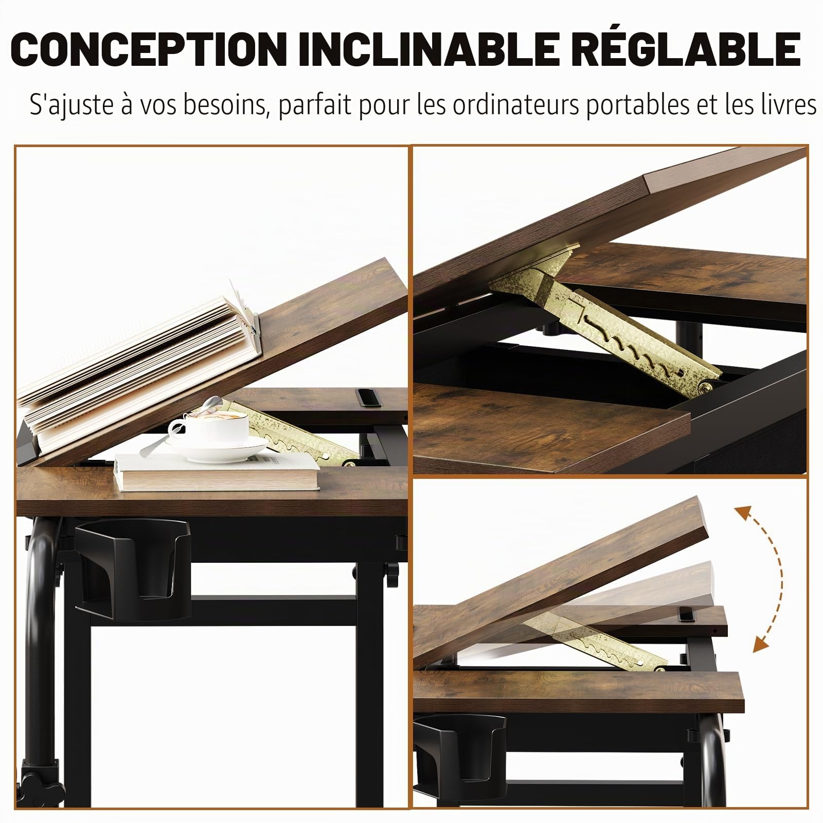 VEDECASA Table de lit sur roulettes réglable en hauteur pour hôpital et maison - Mobile et stable avec plateau pour ordinateur portable, nourriture ou livres (marron)