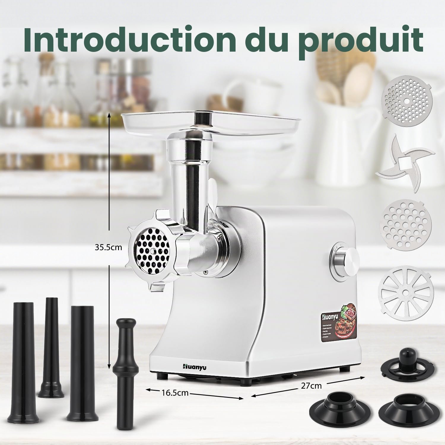 Huanyu Hachoir Électrique 2800W Max Hachoir a Viande Electrique Multi-fonctions Hachoir a Viande avec Poussoir a Saucisse Hachoir Électrique Viande pour usage Domestique et Commercial