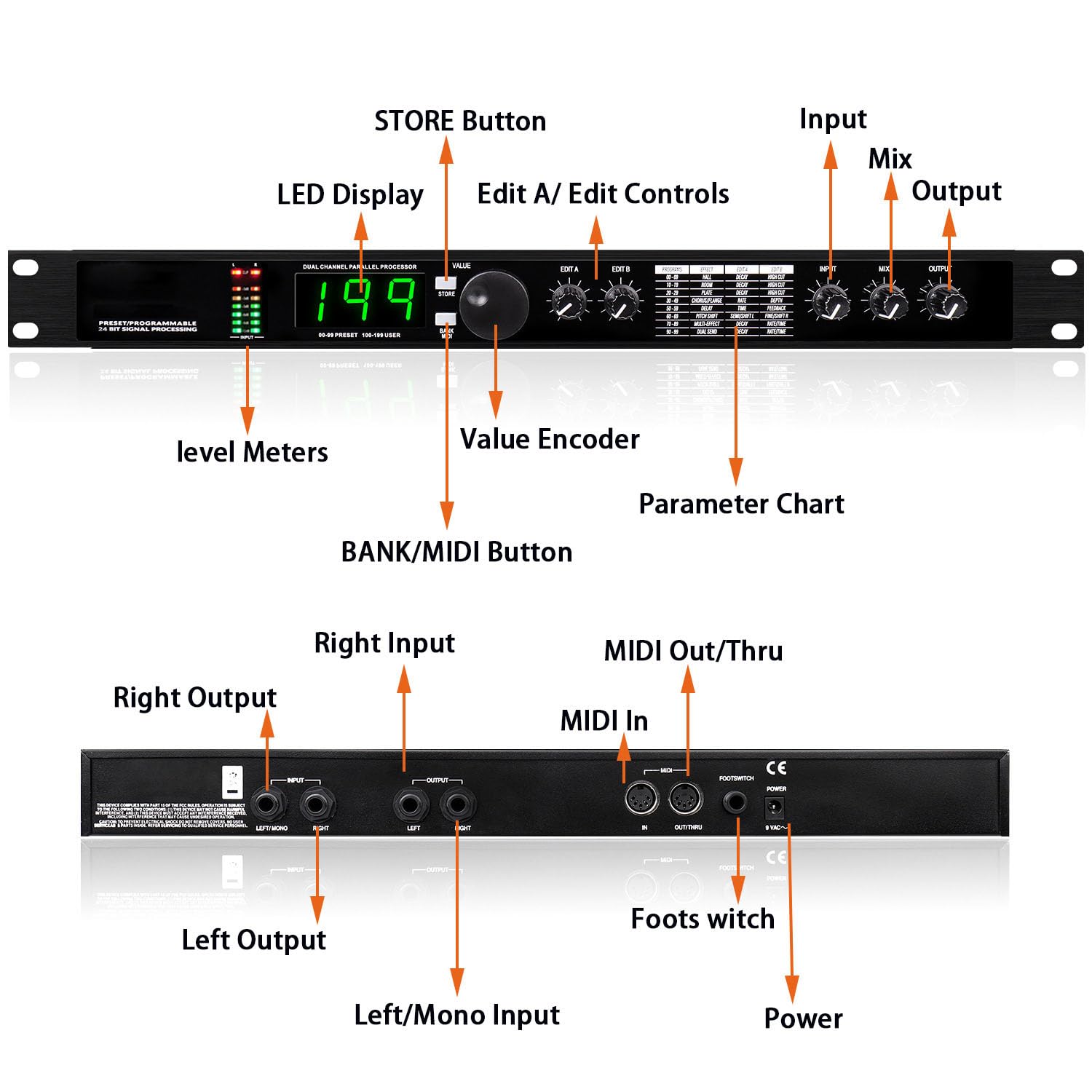 Procesador de audio DSP de reverberación digital profesional con 99 preajustes y 199 efectos de sonido, procesamiento de señal de 24 bits para grabación de estudio y actuaciones en vivo
