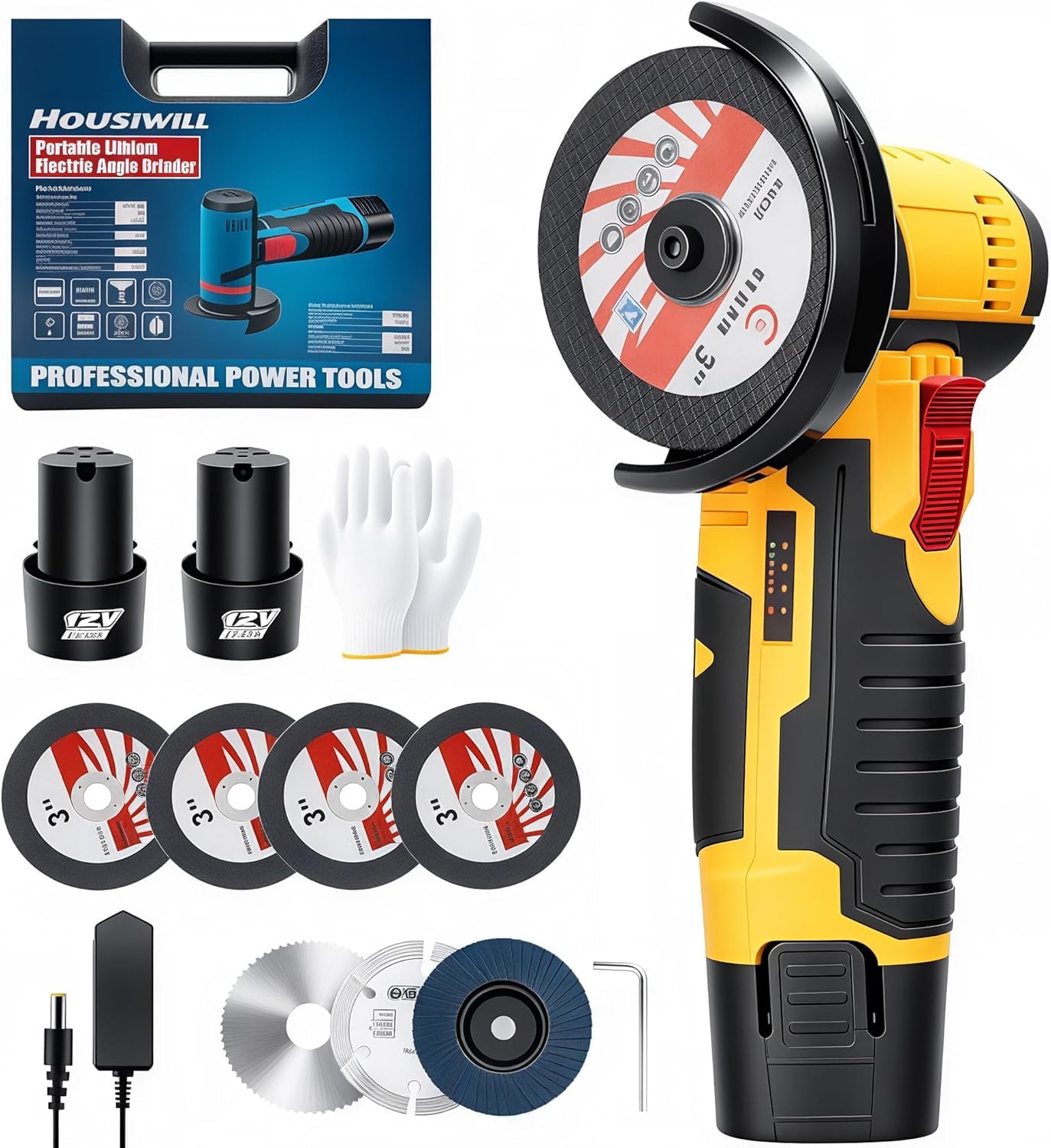 Mini Angle Grinder, Battery Grinder 19500 RPM, 76 mm Cordless Small Grinder, with 2 Batteries, 7 Cutting Discs, for Grinding, Polishing, Cutting