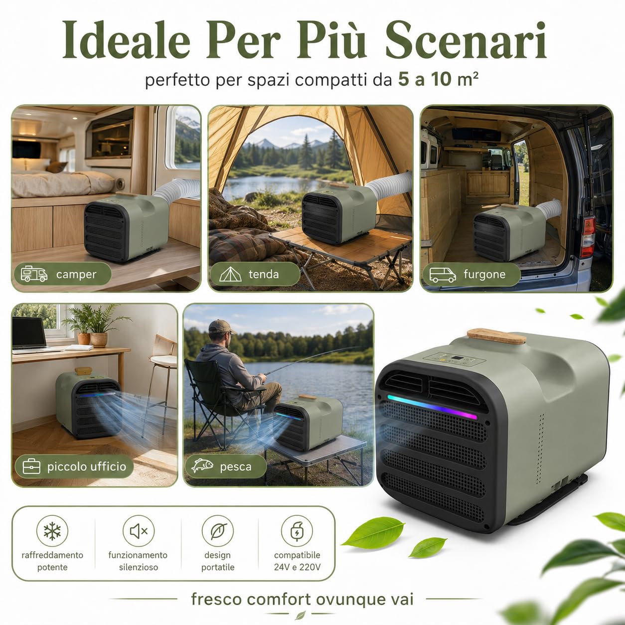 Nuovo piccolo condizionatore portatile, deumidificatore per condizionatori d'aria a raffreddamento rapido da 1500 W 5200 BTU, telecomando, silenzioso, per campeggio, camper, furgone e pesca