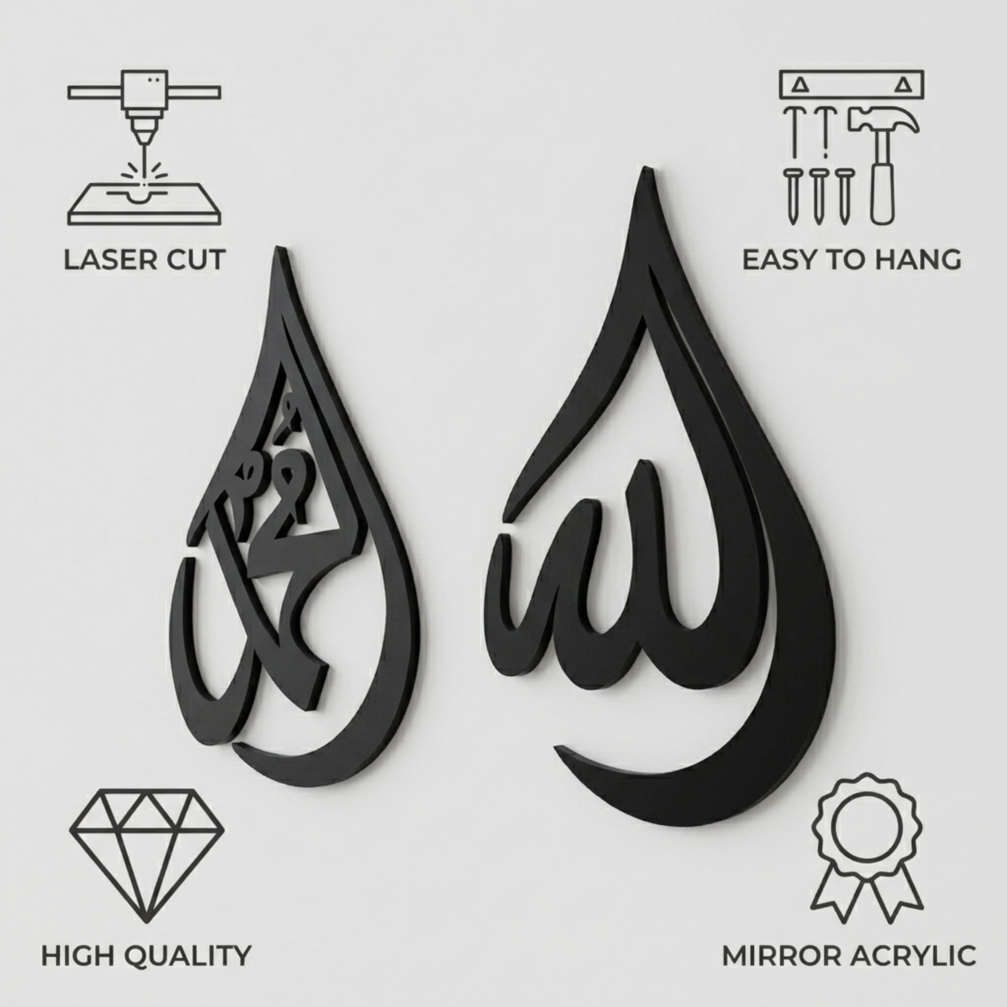 Allah (SWT), Mohammad (PBUH) Holz-Acryl-Tropfen-Design, islamische Wandkunst, Koran, arabische Kalligraphie-Dekoration, islamische Dekoration, Geschenk für Muslime im Ramadan (schwarz, Größe XL, 76,2