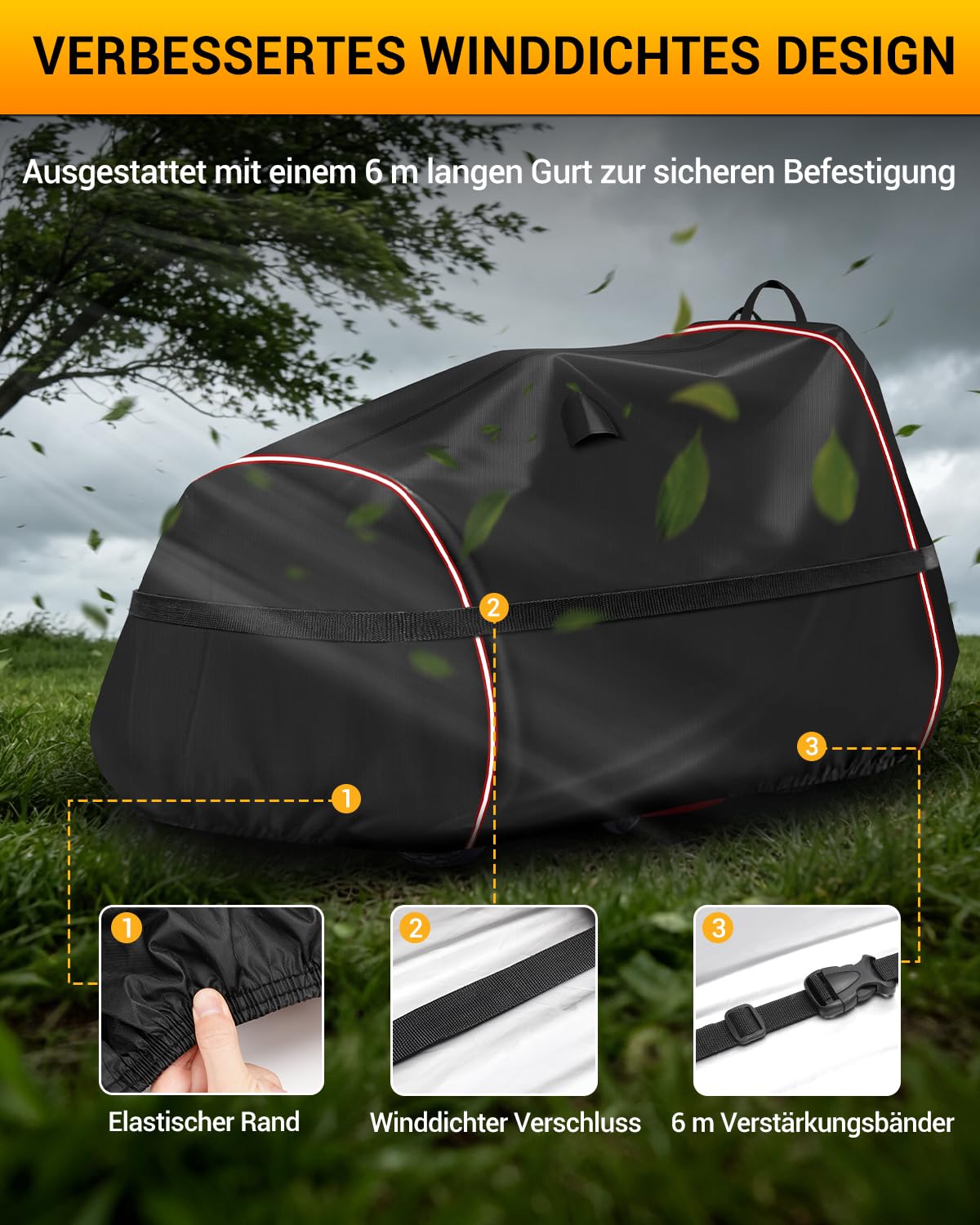 420D Abdeckung Für Rasentraktor Aufsitzmäher Abdeckung Abdeckplane Rasentraktor Wetterfest UV-Schutz mit Reflektierendem Band 6m Befestigungsgurt (210x110x115cm)