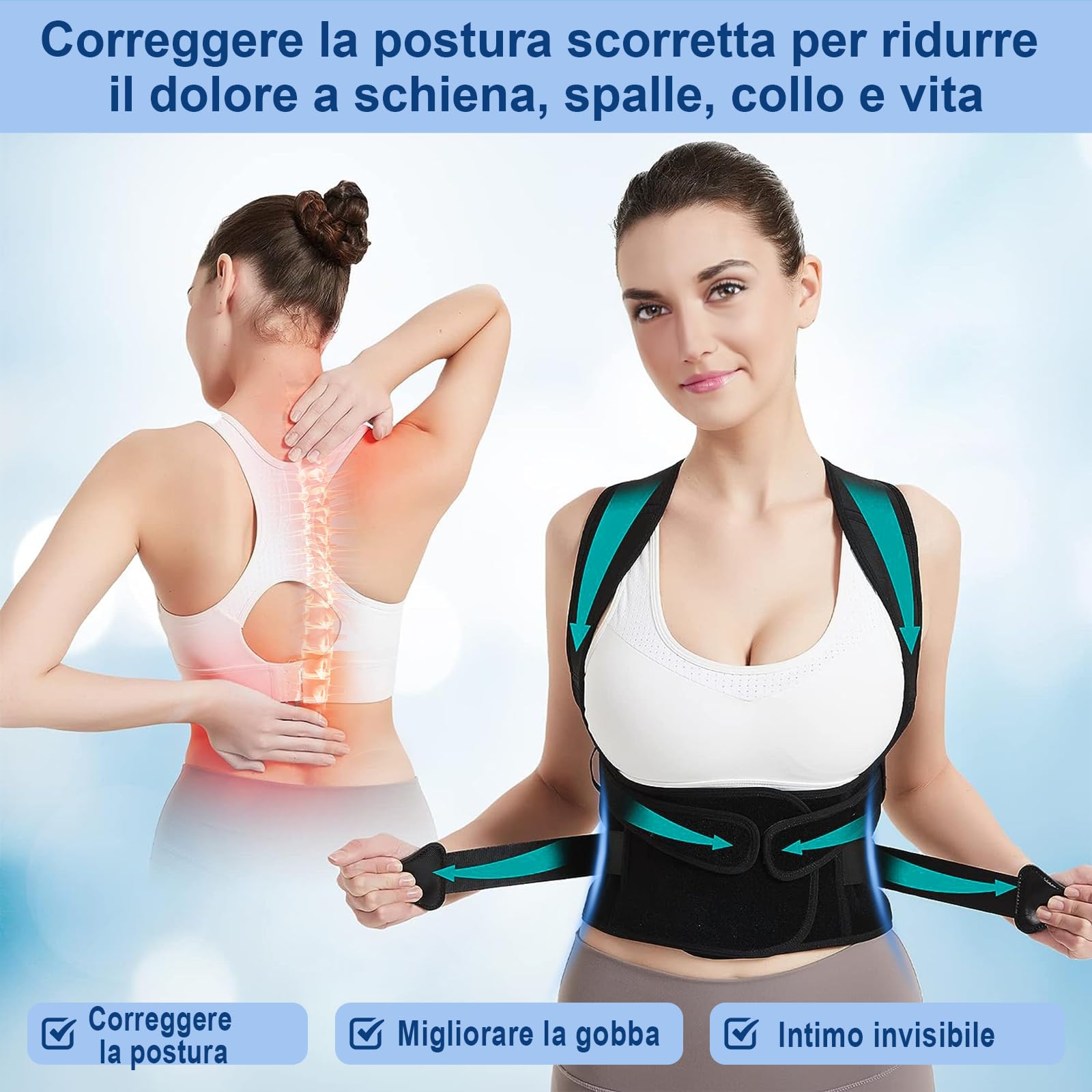Fascia Correttore Posturale Spalle Schiena Dritta, Tutore Postura Schiena Uomo e Donna, Busto Posture Corrector ,Elastica Regolabile Cintura di Correzione Della Postura , Nero Puro, M-(31.9"-37.4")