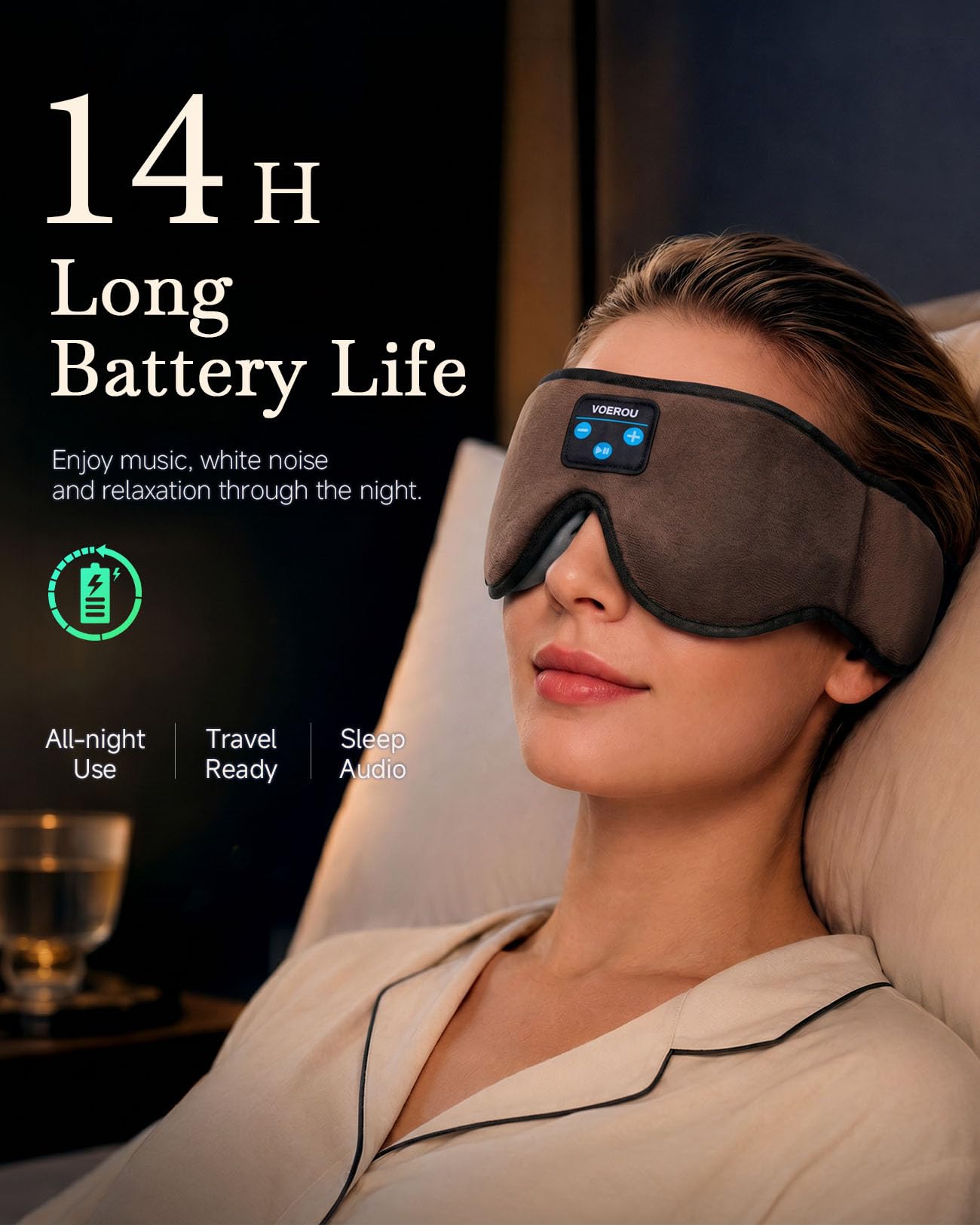 Voerou Auriculares Bluetooth para dormir, regalo de viaje ligero | Altavoces ultrafinos de 0.2 pulgadas, carga rápida 2H, tela suave transpirable, lavable, ideal para dormir, viajar y regalar.
