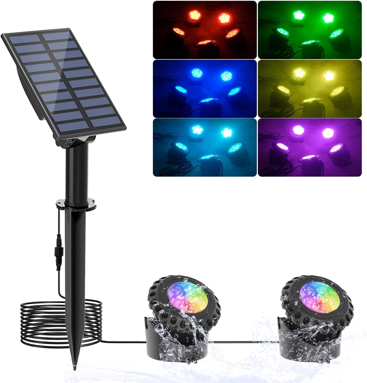 NATPOW Luces para Estanque Solares, 2 en 1 Luz Solar Focos Sumergibles, 6 Colores Luz Solar para Estanque, IP68 Impemeable para Piscina Jardín Patio Caminos
