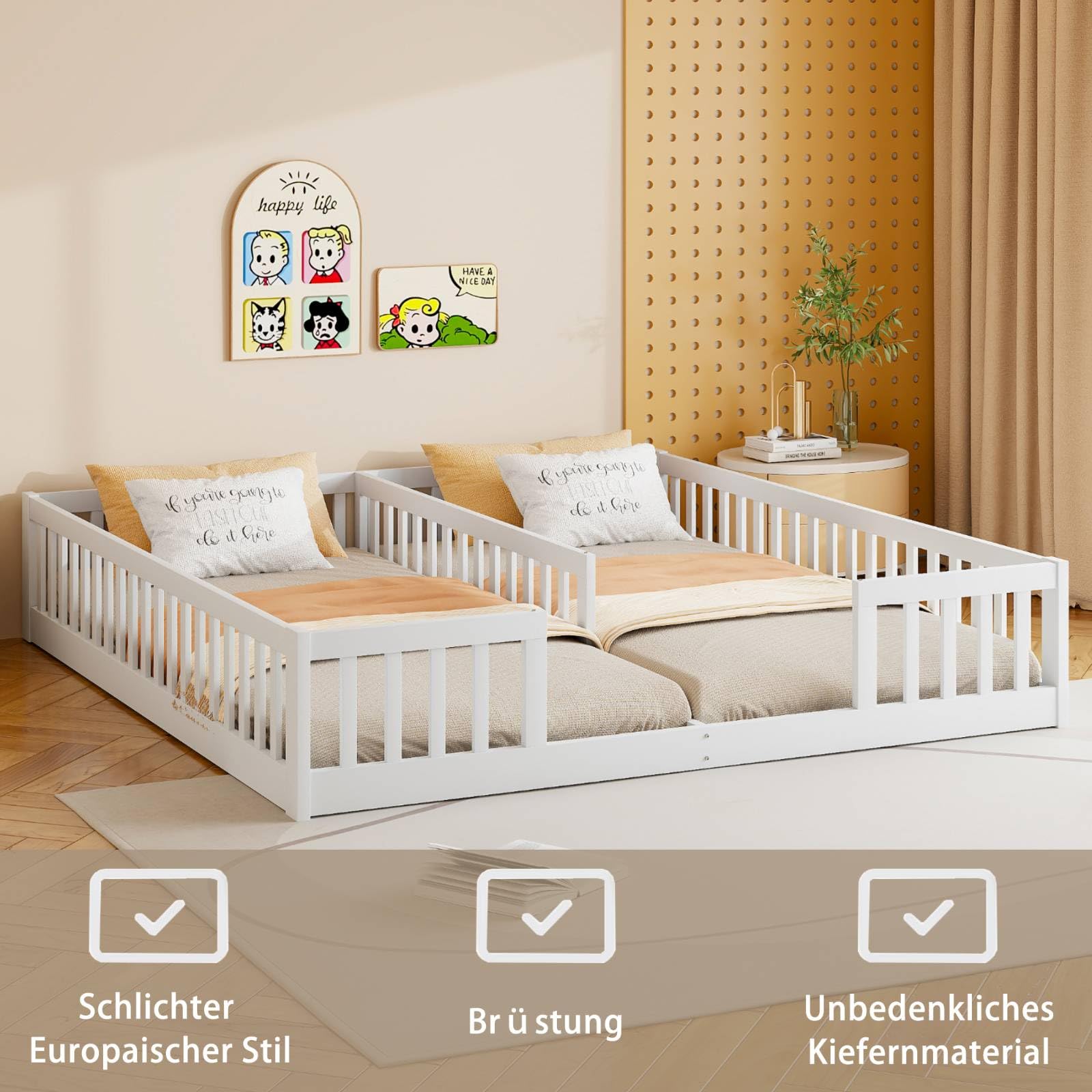 KOMHTOM Cabane Lit d'enfant 2 en 1 90x200CM avec Clôture de Sécurité et Sommier à Lattes en Bois (Blanc)