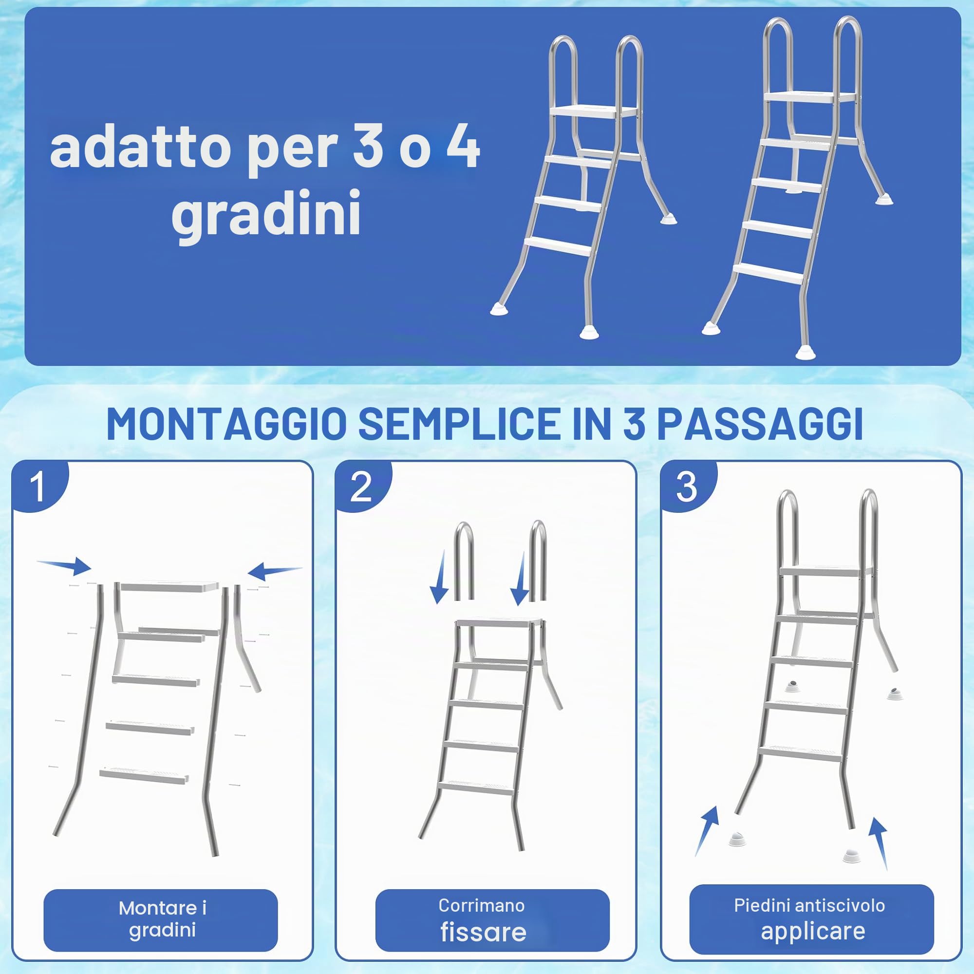 Scaletta per piscina a 3 gradini in acciaio inossidabile 304, antiscivolo, scala mobile per l'ingresso in piscina per piscine parzialmente interrate fino a 115 cm di profondità