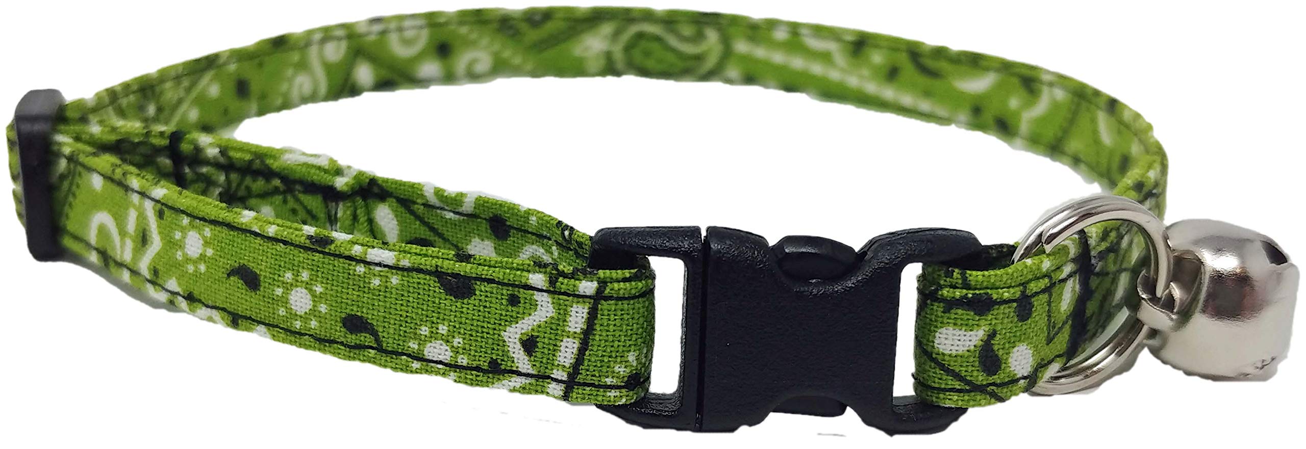 Green Bandana Cat or Kitten Collar Cowboy Adjustable Soft Fabric w Bell St Patricks Day Personalized Country Western Lime 100% Cotton Handmade in The USA (XS- Kitten)