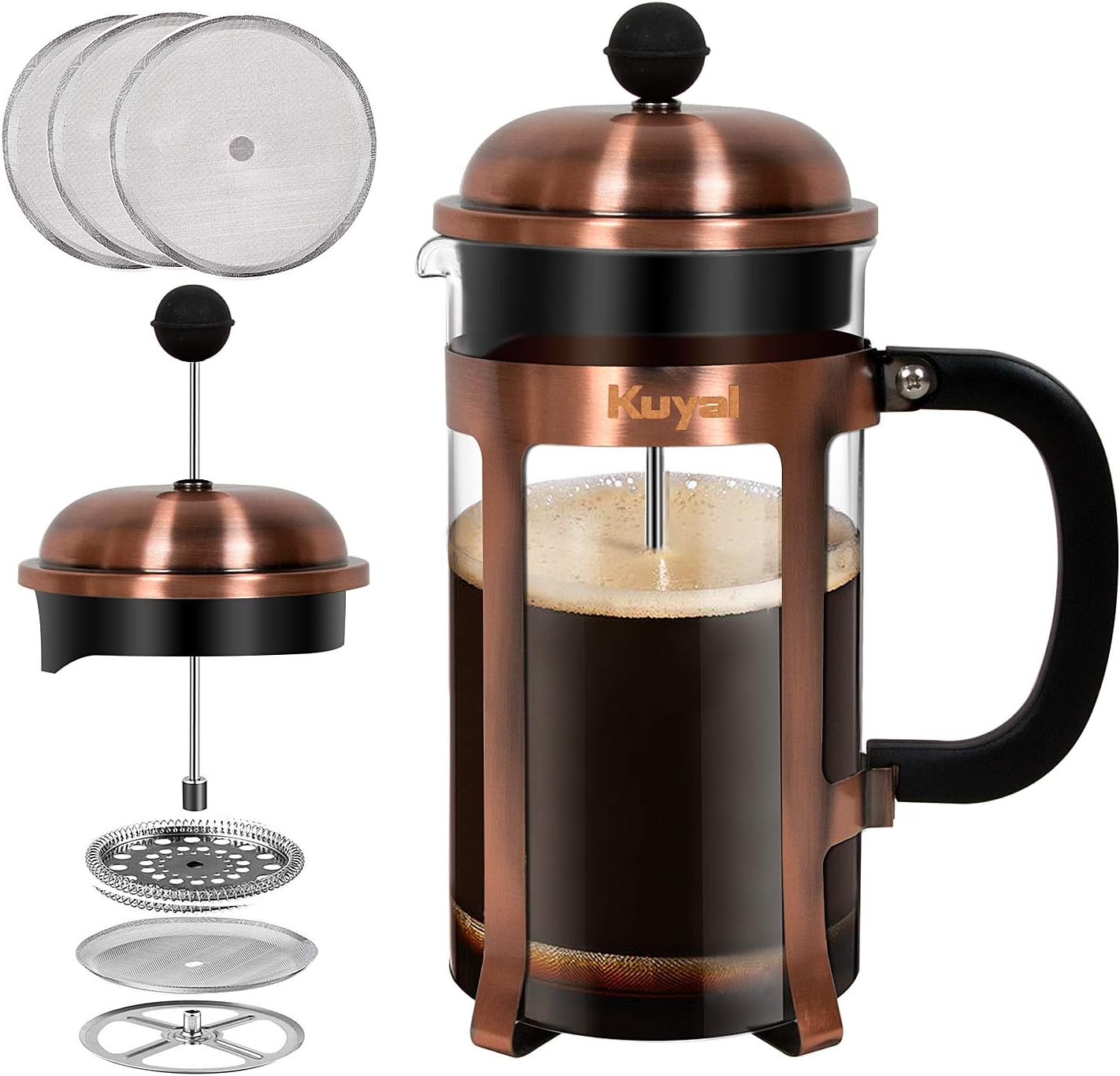 Glass French Press Coffee Tea Maker (34 oz, about 8 cups), 1000 ml Stainless Steel Coffee Press with 3 Extra Filter Screens, Borosilicate Glass with Heat Resistant Handle