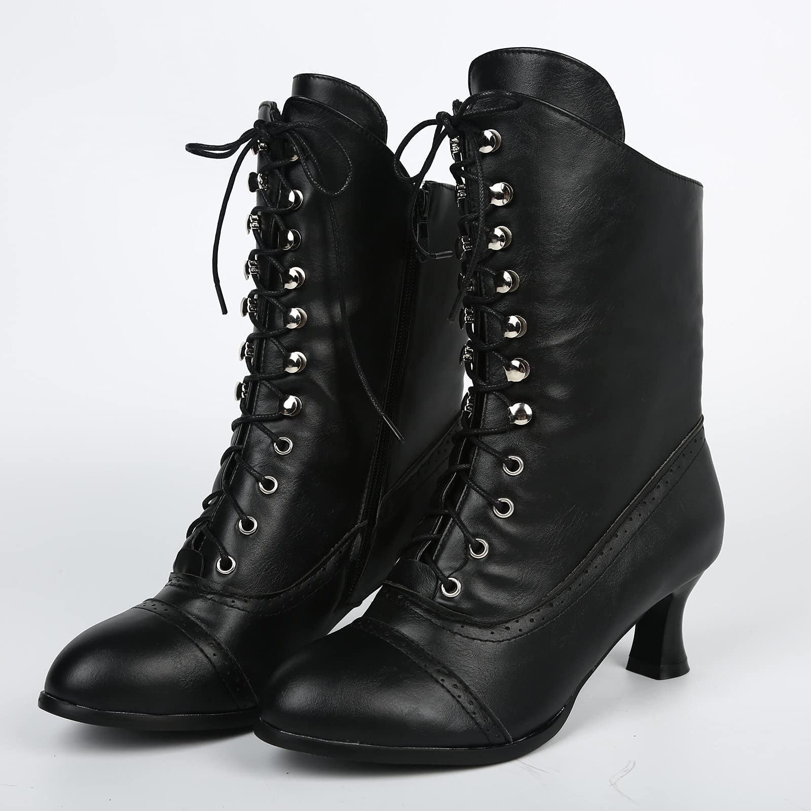 Bottines à lacets mi-mollet pour femme, coupe large, gothique, steampunk, avec talon