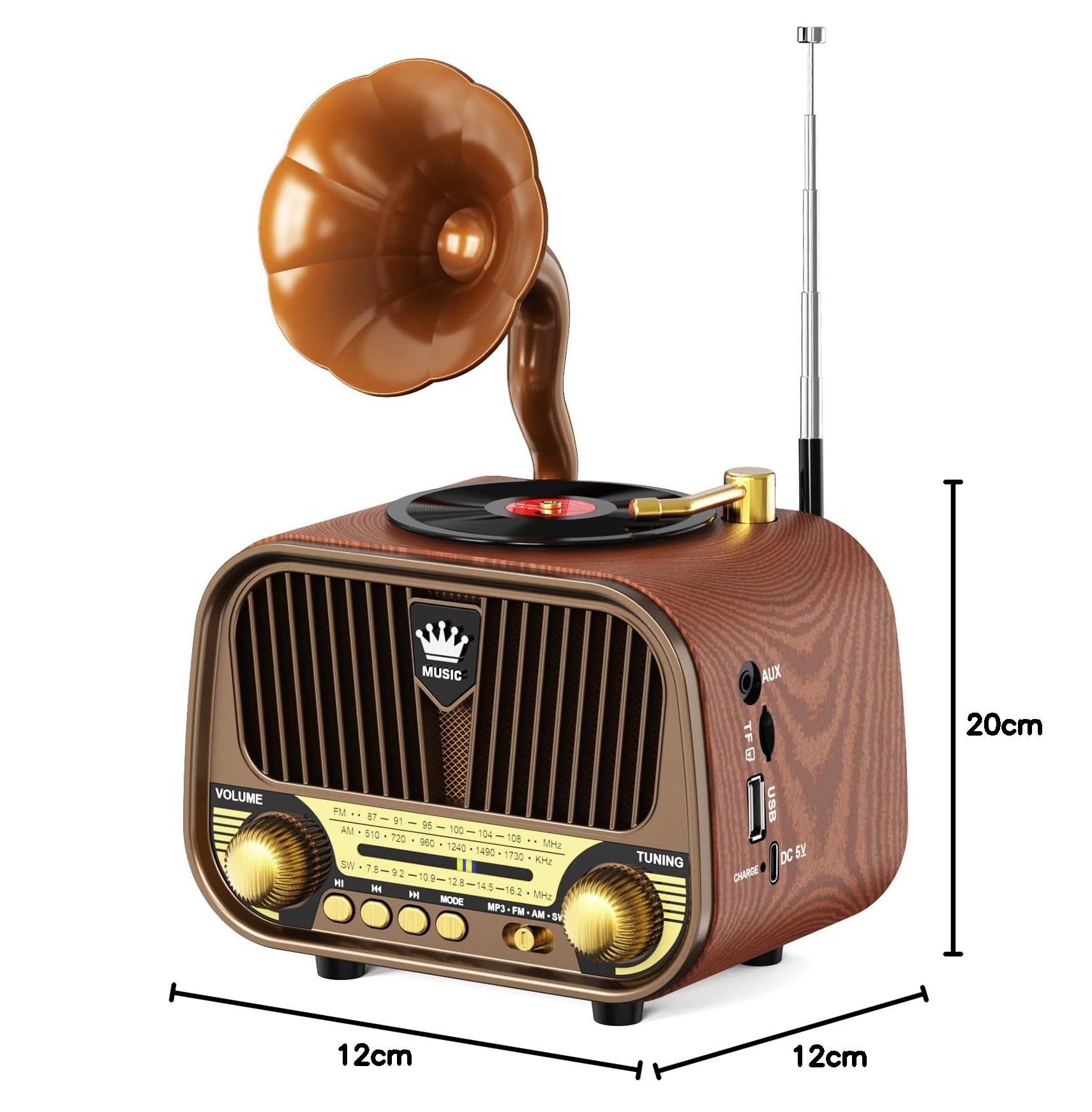 PRUNUS J-190 Radio Portatile Vintage FM/AM/SW, Bluetooth 6.0, Batteria 1800 mAh, TF/USB/AUX