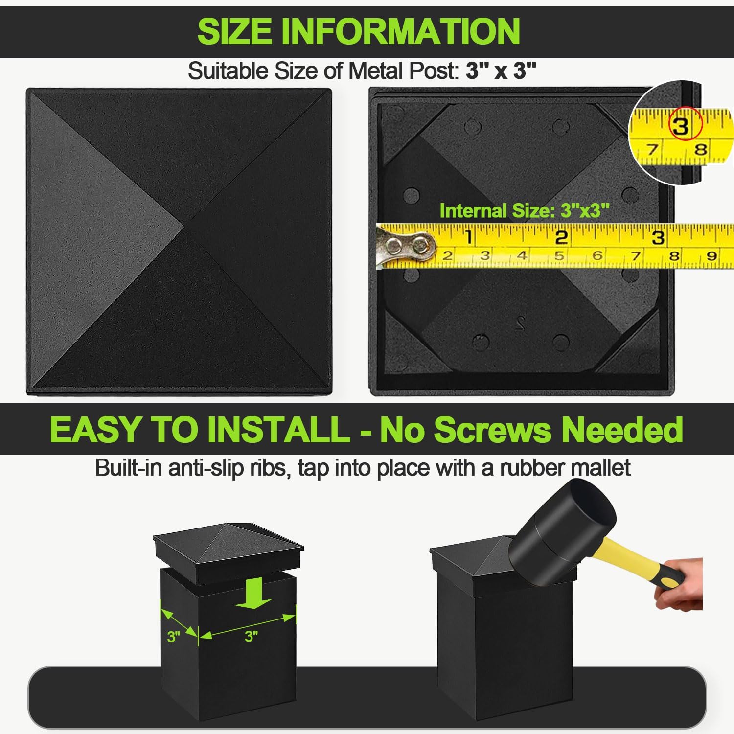 Aluminum Pyramid Post Cap 3x3, Decorative Fence & Mailbox Covers with Screws, Perfect for Square Metal Posts - Ideal for Corridors, Decks, Textured Black (8pack, fIt 3" Sqaure Post)