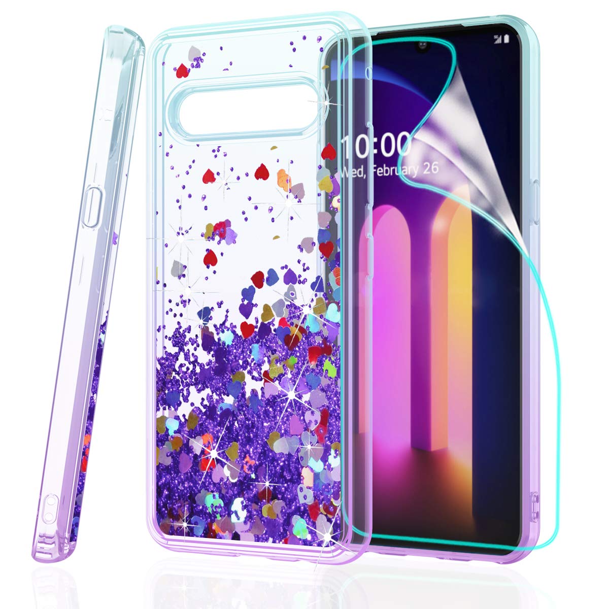 ZingCon Compatible for LG V60 Case,V60 ThinQ,G9 Phone Case,[HD Screen Protector] Heavy Duty Glitter Bling Adorable Shine Waterfall Quicksand Shockproof Protective Cover-Lake/Purple