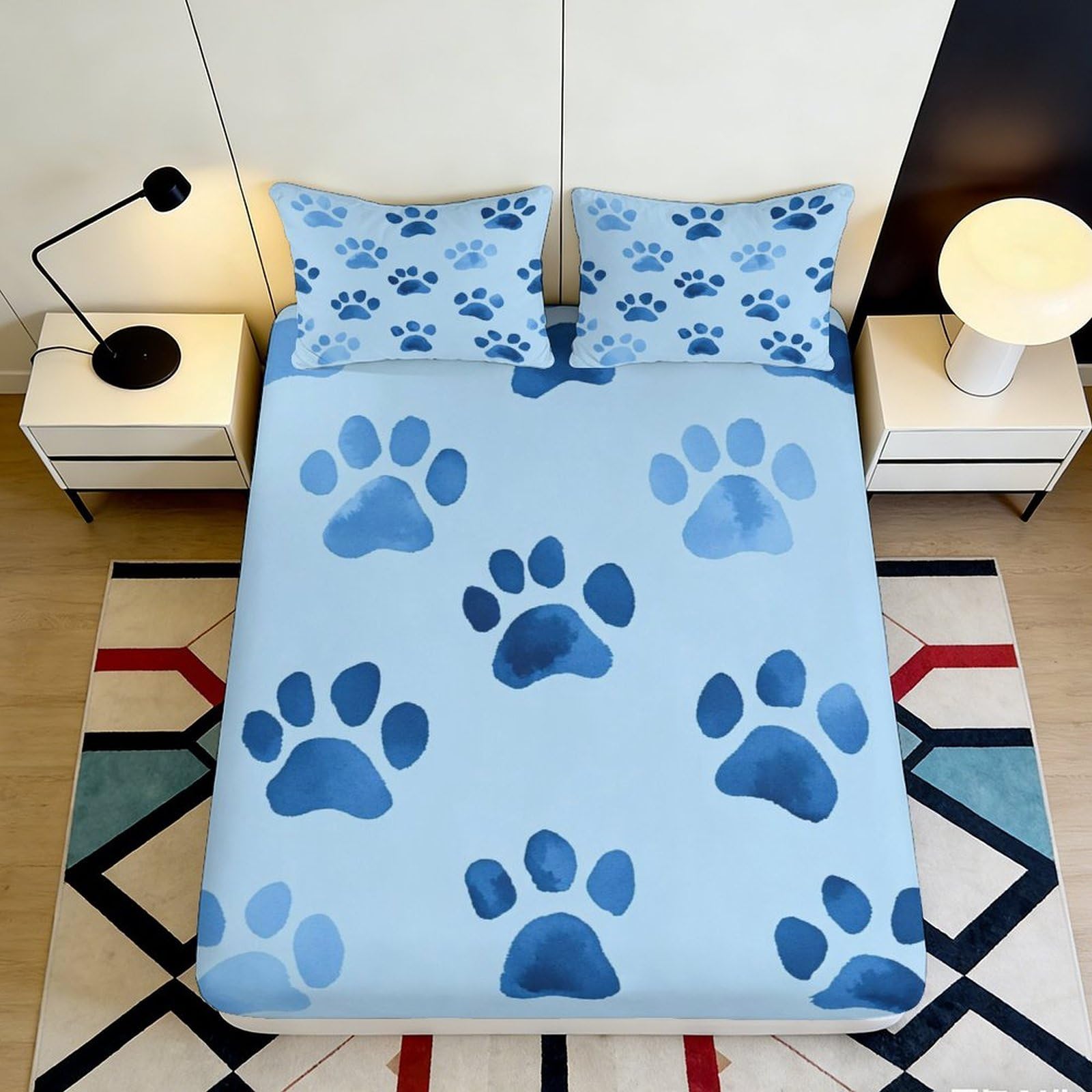 3D Printed Blue Paw Pattern Fitted Sheet Microfiber Soft Anti-Slip Mattress Cover for Bedroom Dorm Easy Care 140x200x25cm