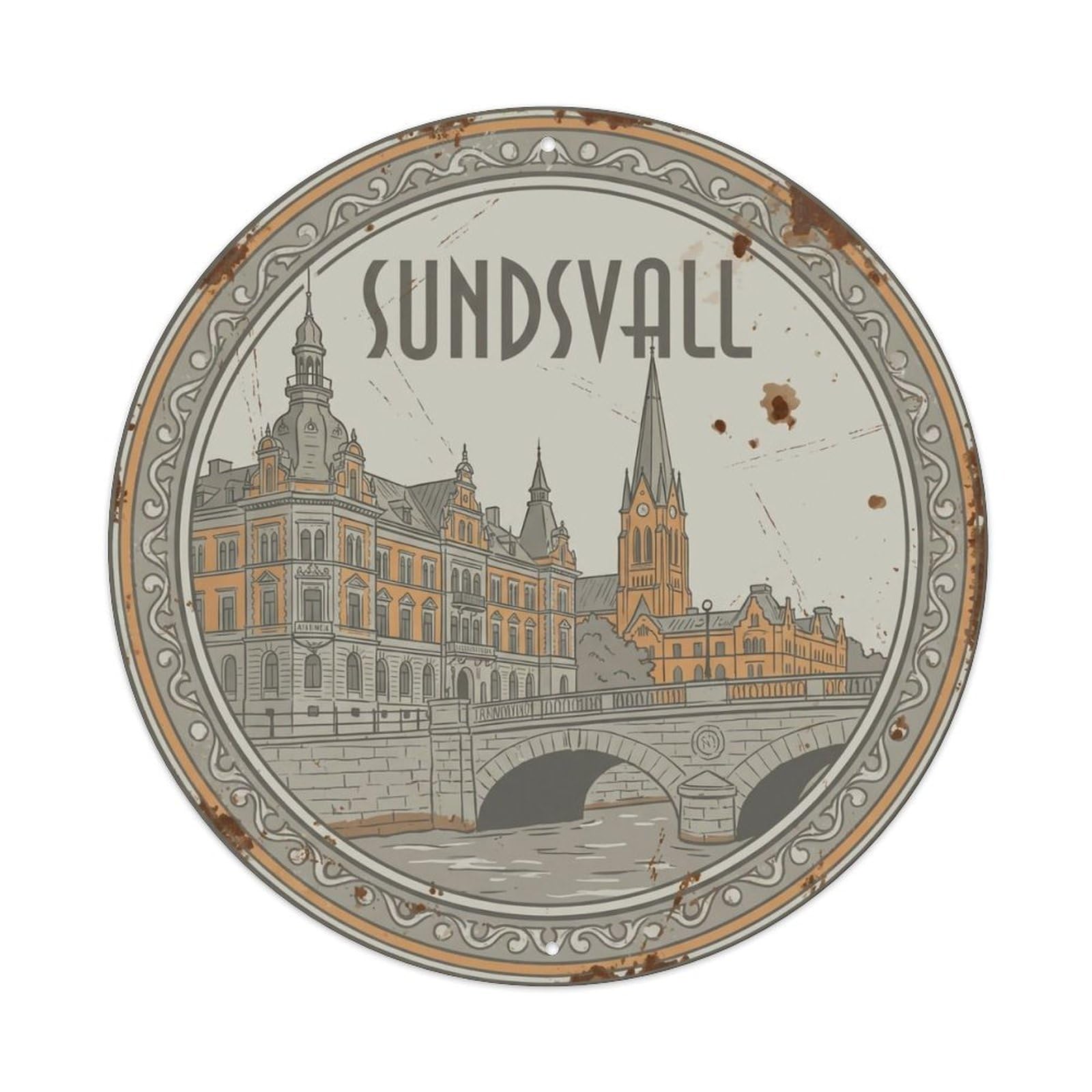 Okahys 8X8inch(20X20cm) Vintage Travel Sundsvall Sweden Stone Metal Tin Sign